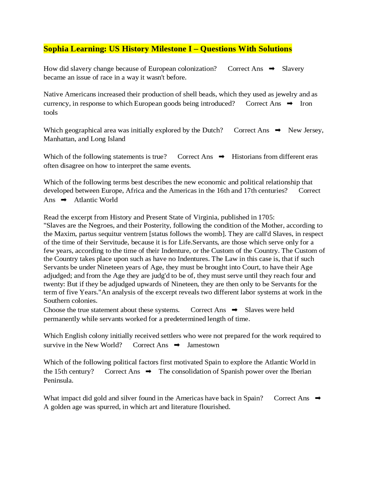 Sophia Learning: US History Milestone I – Questions With Solutions ...