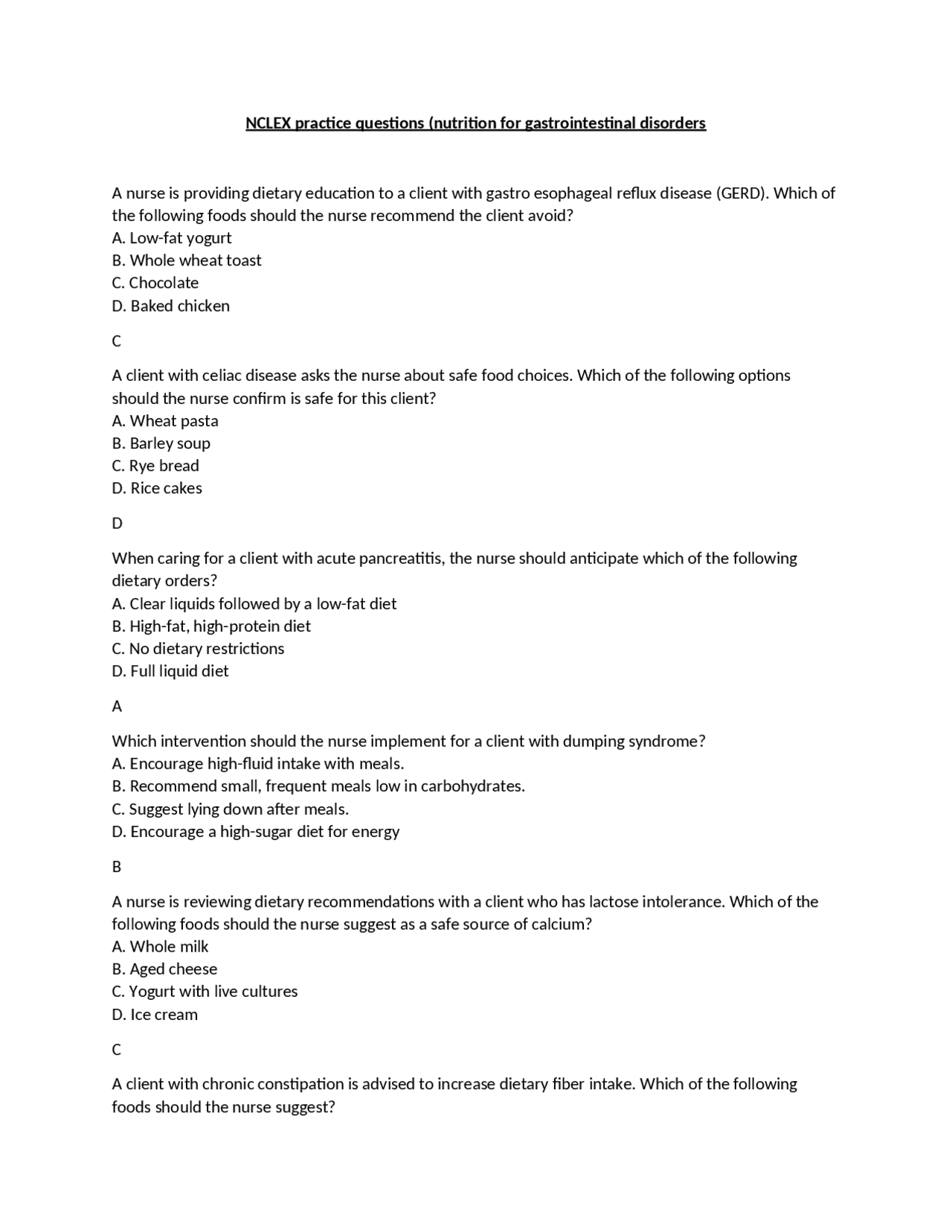 NCLEX practice questions (nutrition for gastrointestinal disorders ...