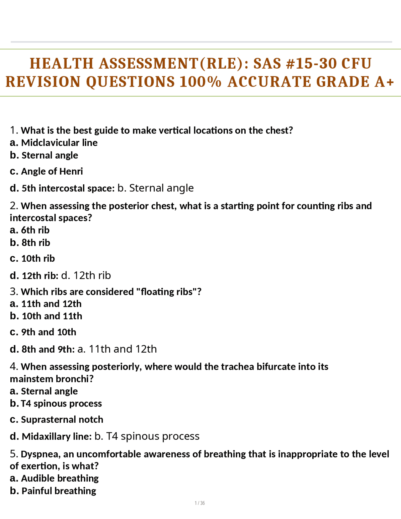 HEALTH ASSESSMENT(RLE): SAS #15-30 CFU REVISION QUESTIONS 100% ACCURATE ...