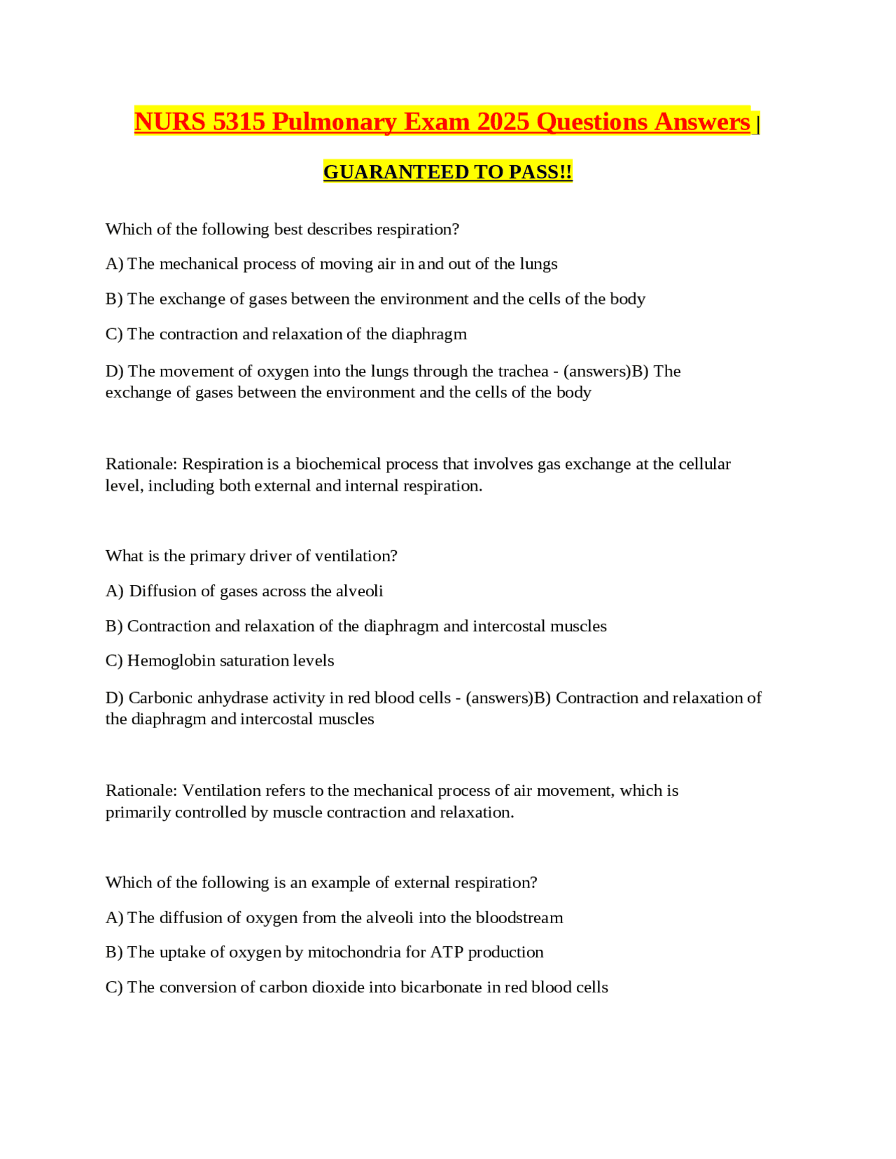 NURS 5315 Pulmonary Exam 2025 Questions and Answers | Exams Nursing ...