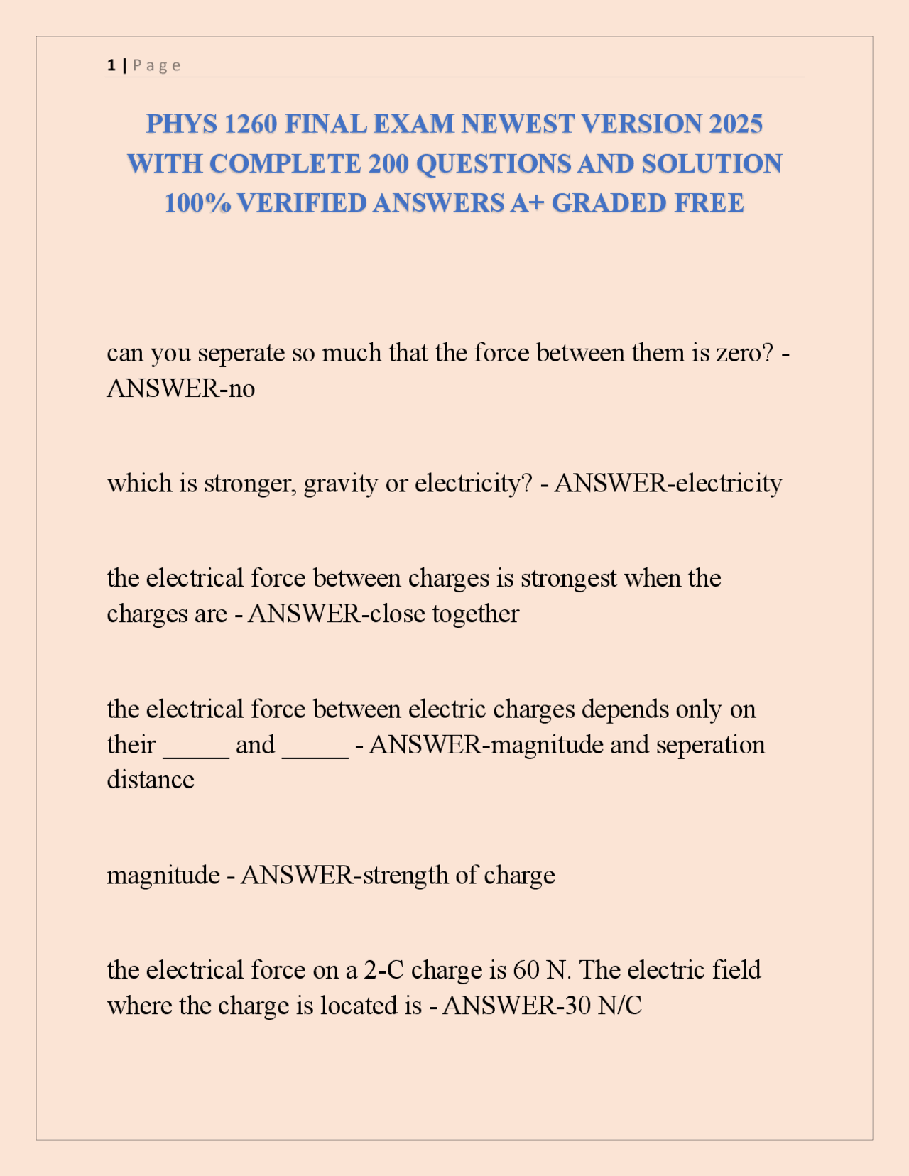 PHYS 1260 FINAL EXAM NEWEST VERSION 2025 WITH COMPLETE 200 QUESTIONS ...