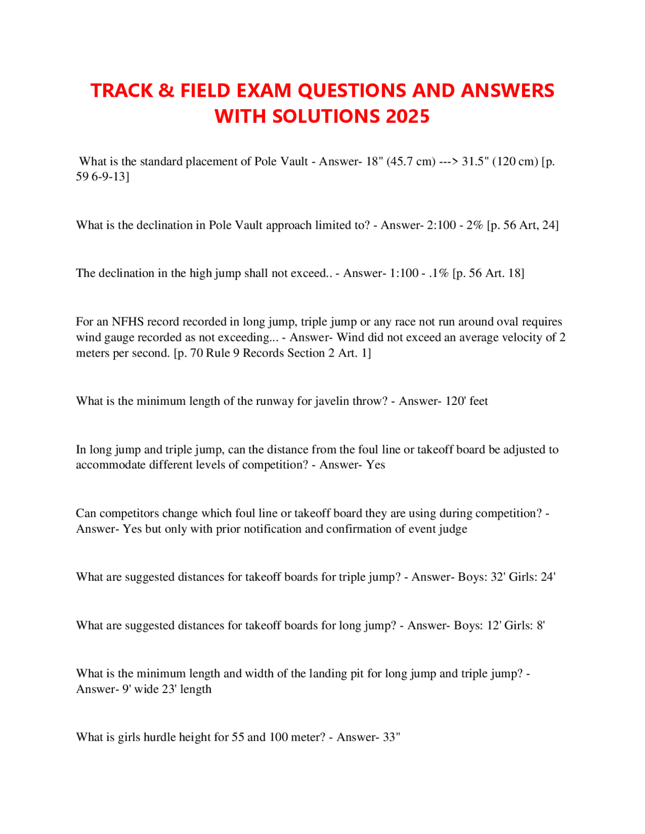 TRACK & FIELD EXAM QUESTIONS AND ANSWERS WITH SOLUTIONS 2025 | Exams ...