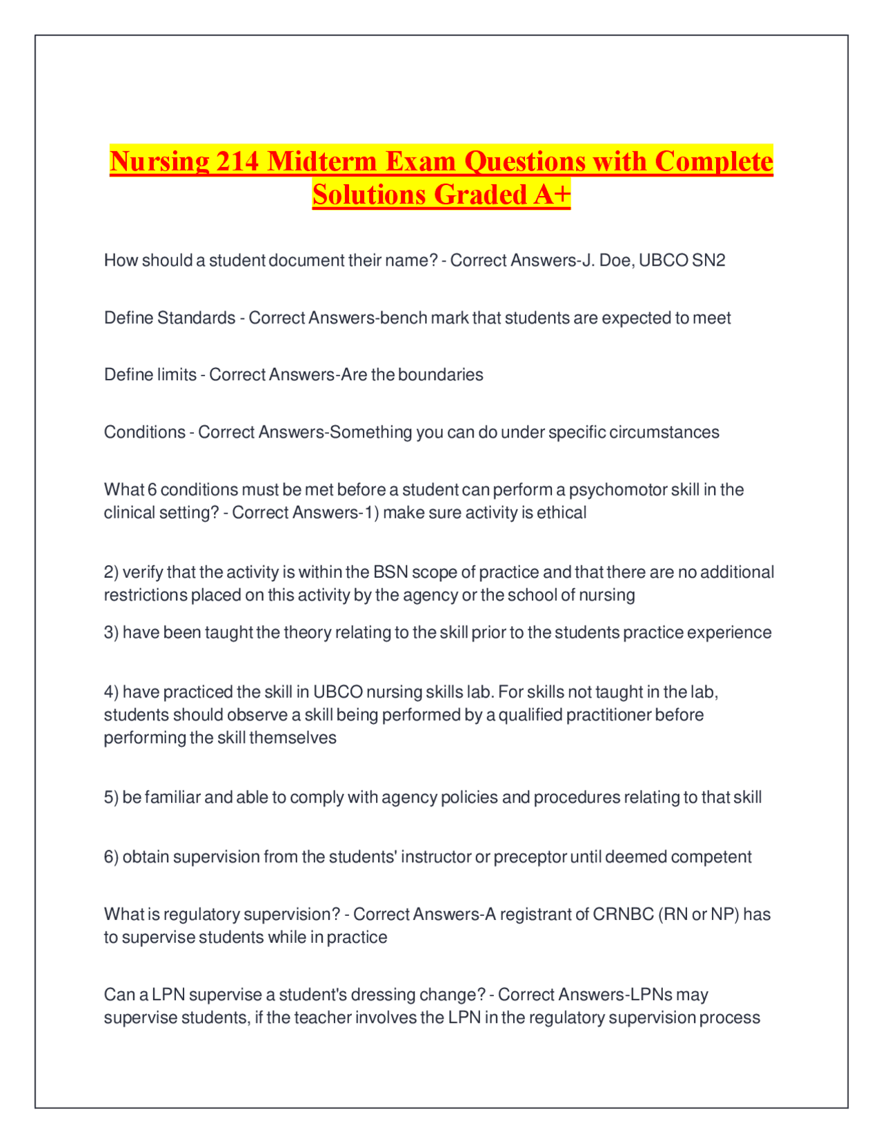 Nursing 214 Midterm Exam Questions with Complete Solutions Graded A+ ...