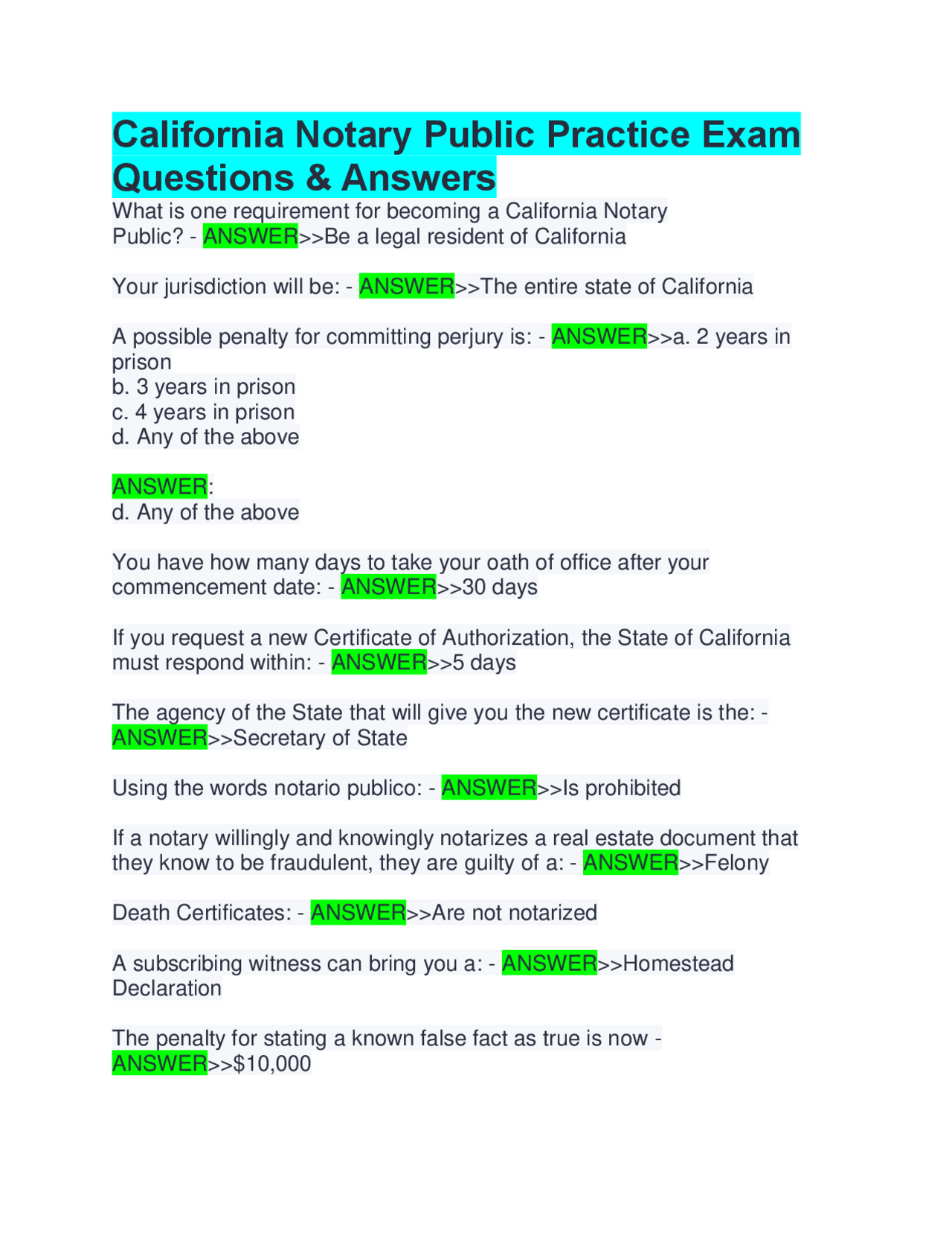 California Notary Public Practice Exam Questions & Answers | Exams ...
