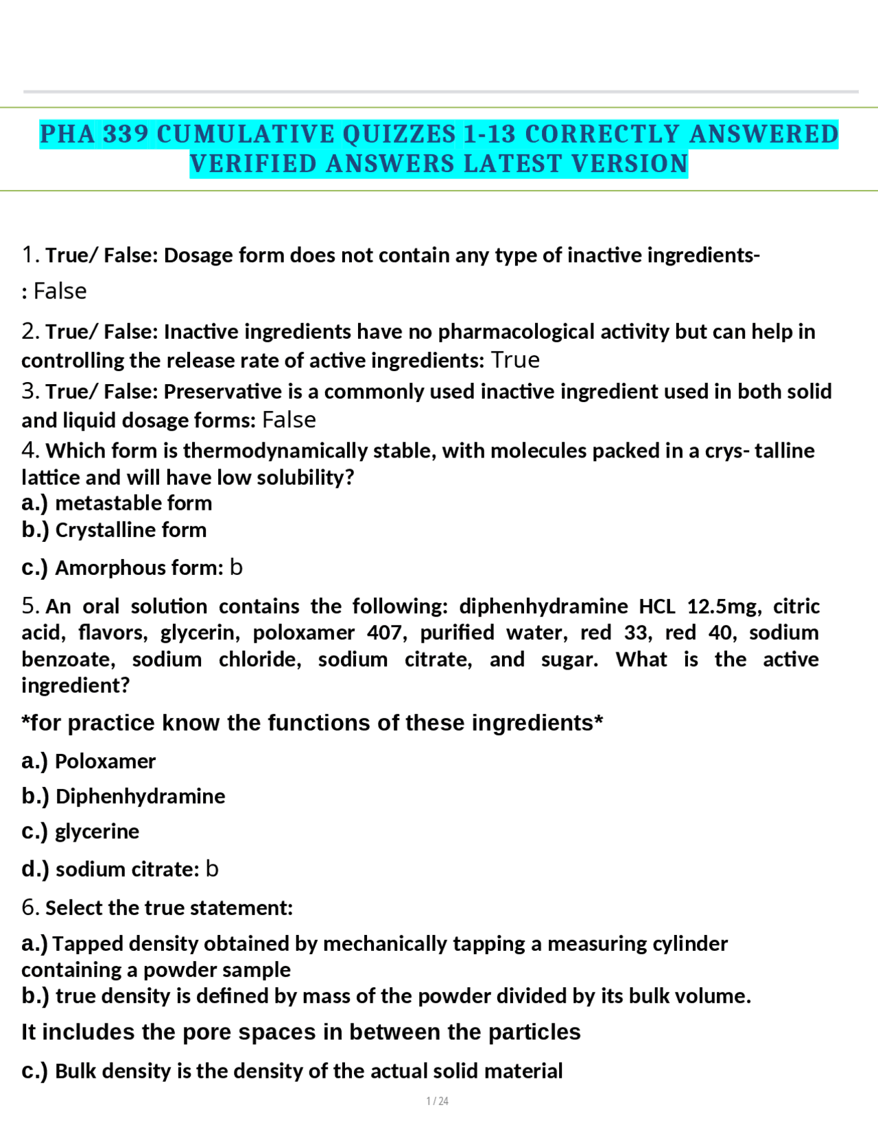Phale Question. Answer PHA 339 CUMULATIVE QUIZZES 1-13 CORRECTLY ANSWERED VERIFIED ANSWERS ...