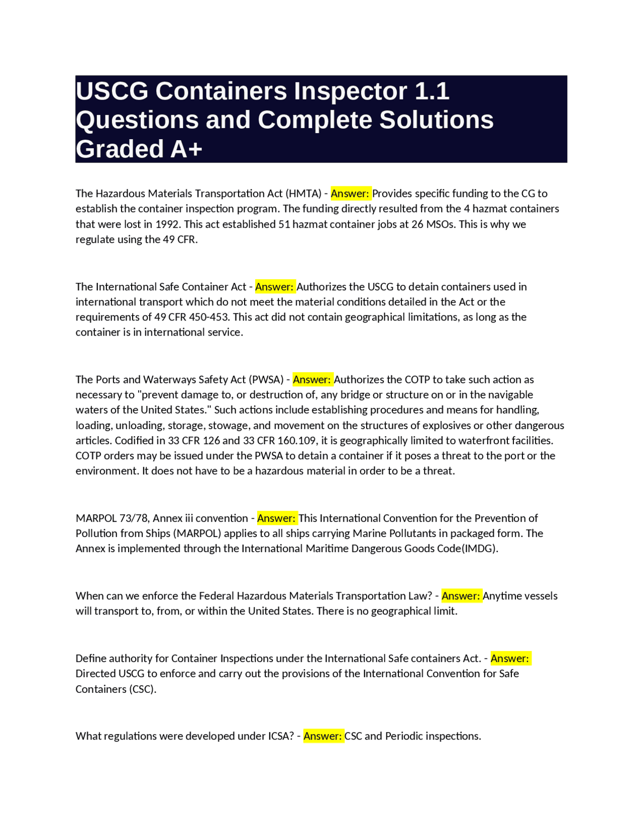USCG Containers Inspector 1.1 Questions and Complete Solutions Graded ...