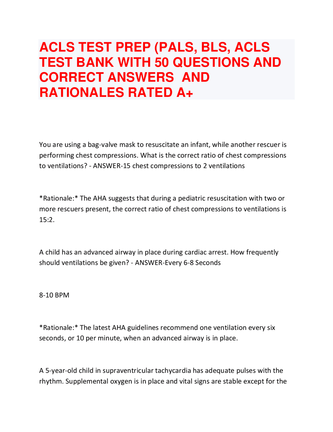 ACLS TEST PREP (PALS, BLS, ACLS TEST BANK WITH 50 QUESTIONS AND CORRECT ...