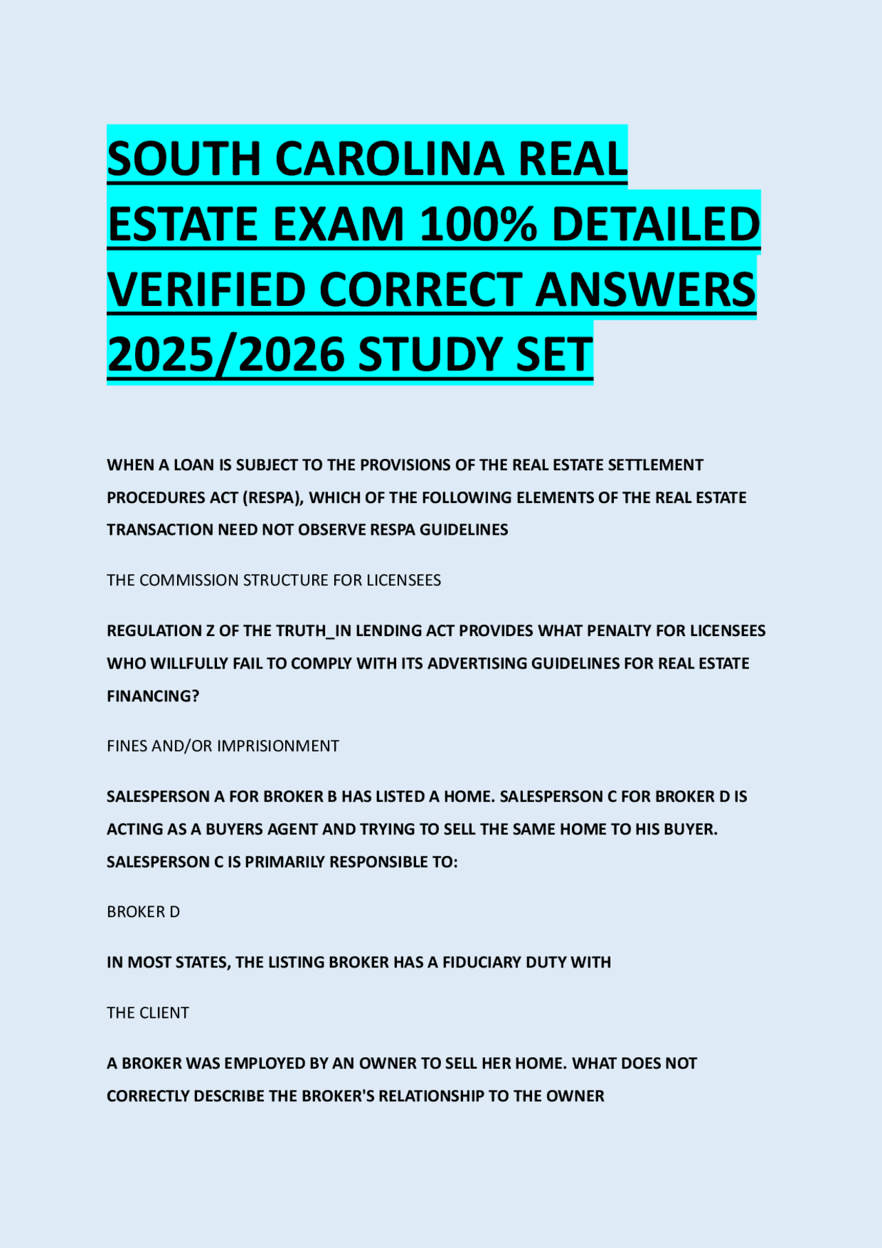 SOUTH CAROLINA REAL ESTATE EXAM 100 DETAILED VERIFIED CORRECT ANSWERS