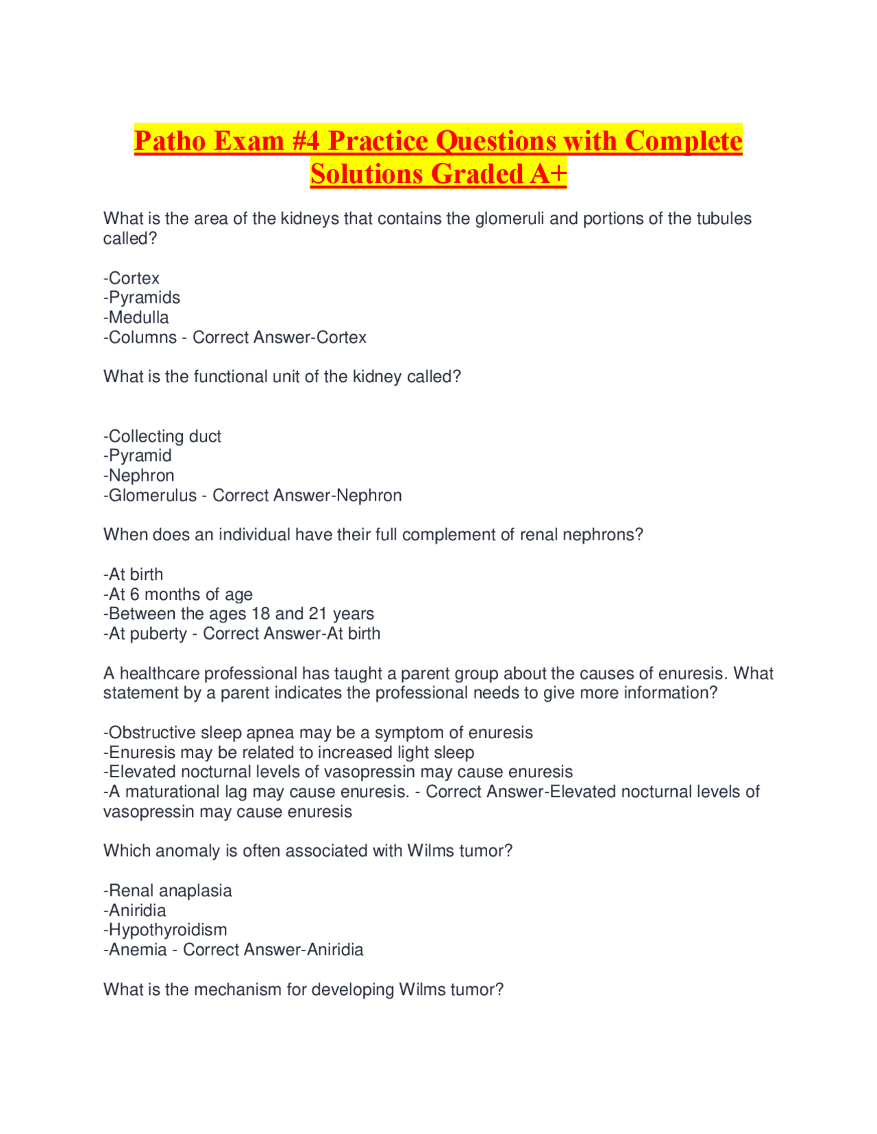 Patho Exam #4 Practice Questions with Complete Solutions Graded A+ ...