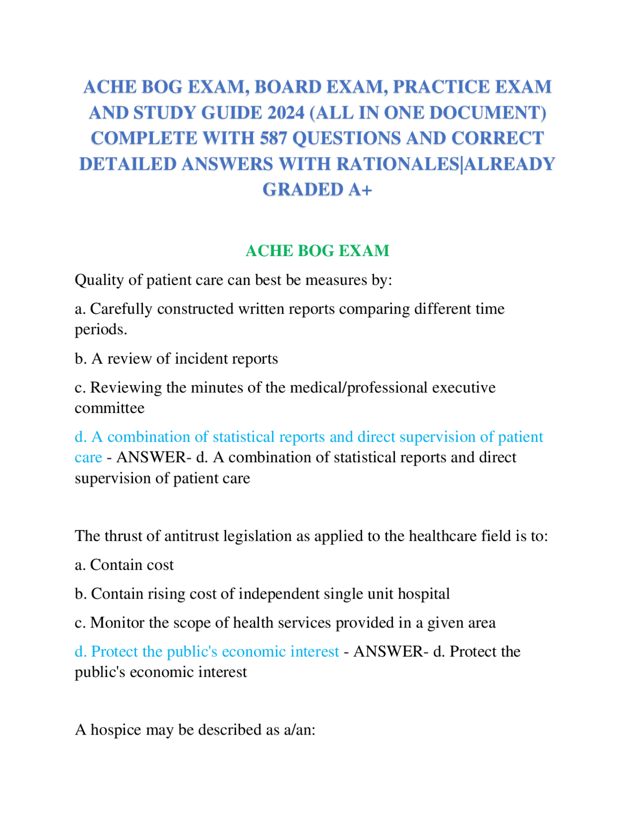 ACHE BOG EXAM, BOARD EXAM, PRACTICE EXAM AND STUDY GUIDE 2024 (ALL IN ...
