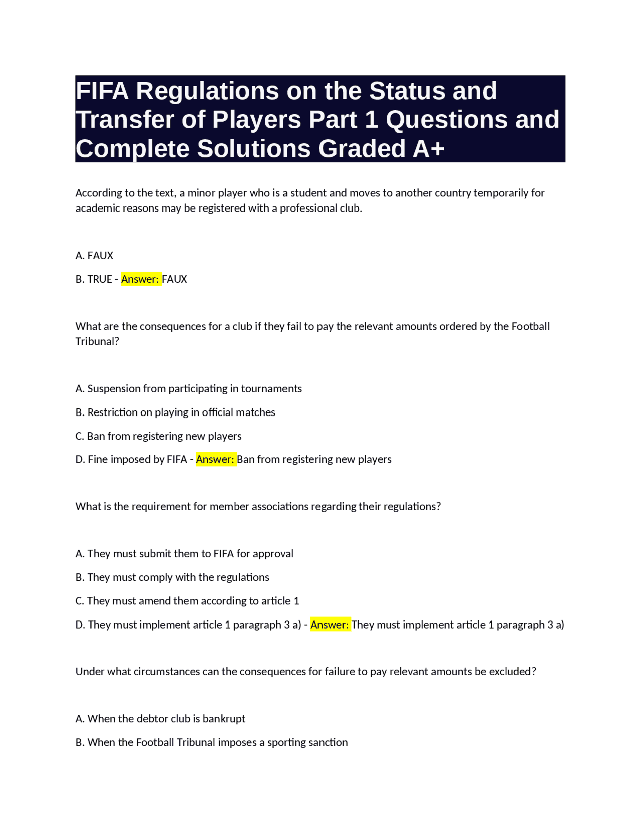 FIFA Regulations on the Status and Transfer of Players Part 1 Questions ...