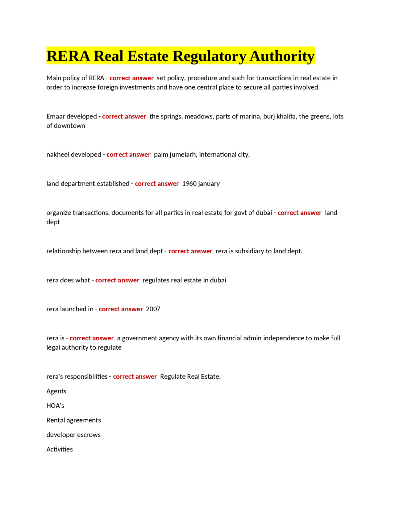 RERA Real Estate Regulatory Authority | Exams Science education | Docsity