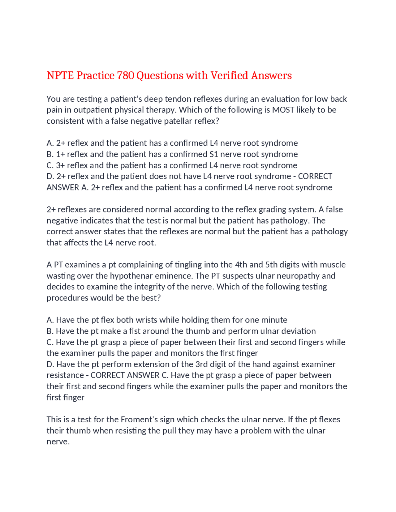 NPTE Practice 780 Questions with Verified Answers,100% CORRECT | Exams ...