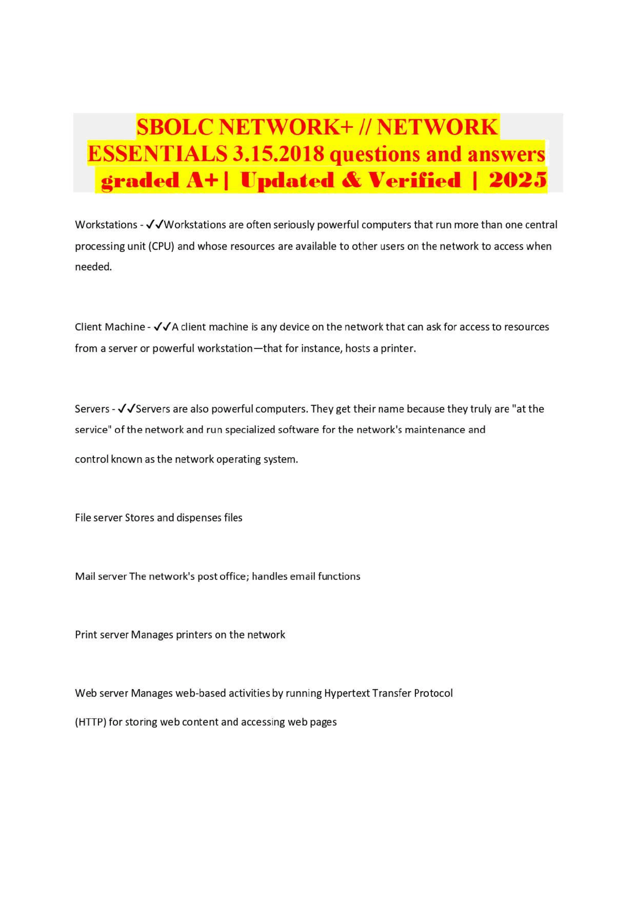 SBOLC NETWORK+ // NETWORK | Exams Advanced Education | Docsity