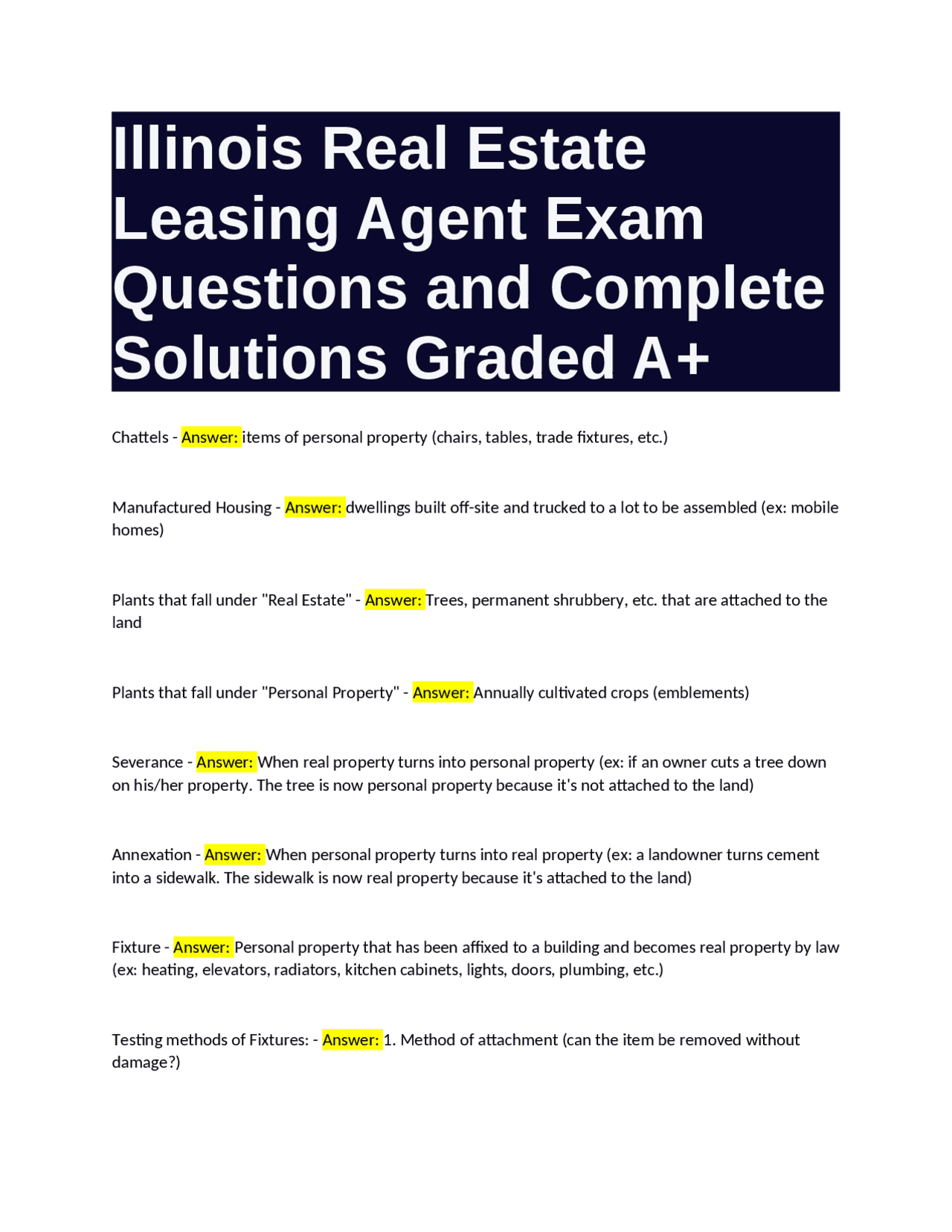 Illinois Real Estate Leasing Agent Exam Questions and Complete ...