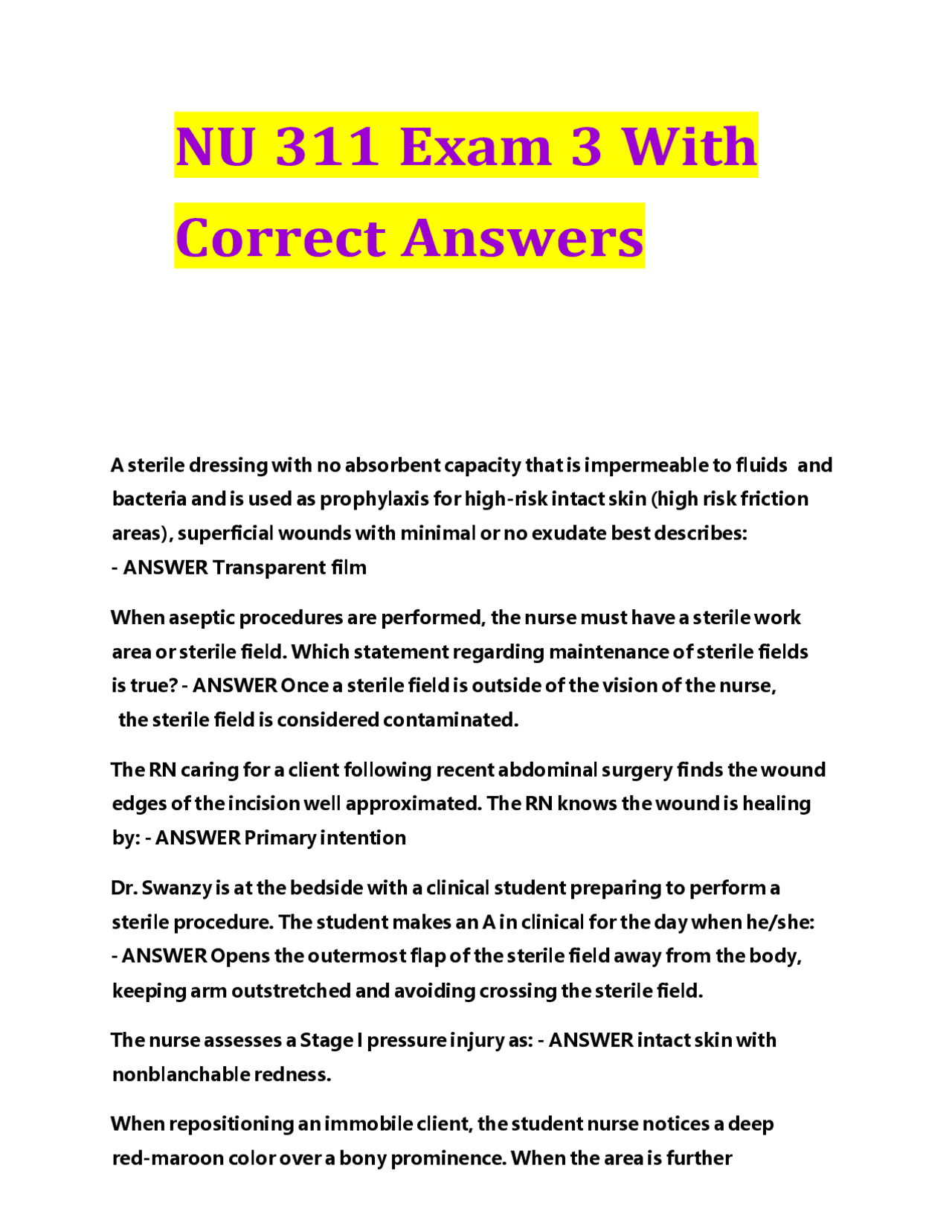 NU 311 Exam 3 With 100% complete solutions | Exams Nursing | Docsity