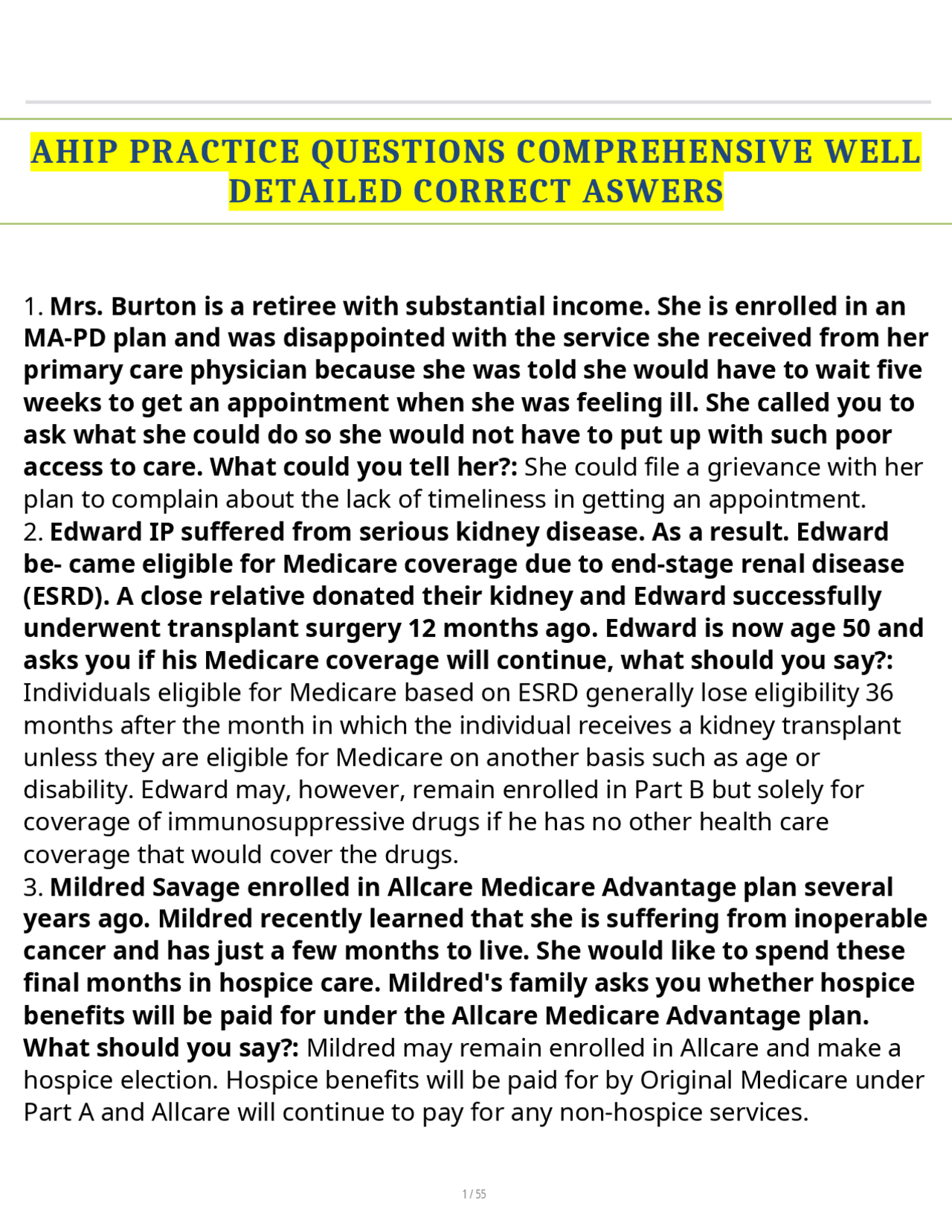 Ohip Question AHIP PRACTICE QUESTIONS COMPREHENSIVE WELL DETAILED CORRECT ASWERS ...