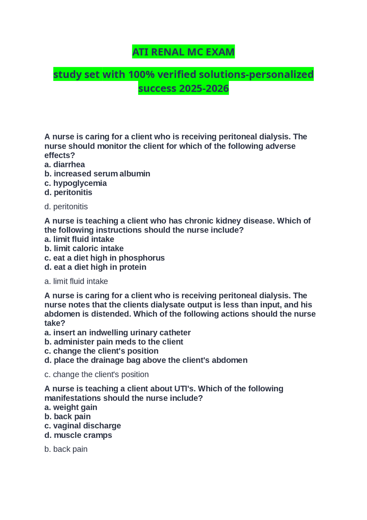 ATI RENAL MC EXAM study set with 100% verified solutions-personalized ...