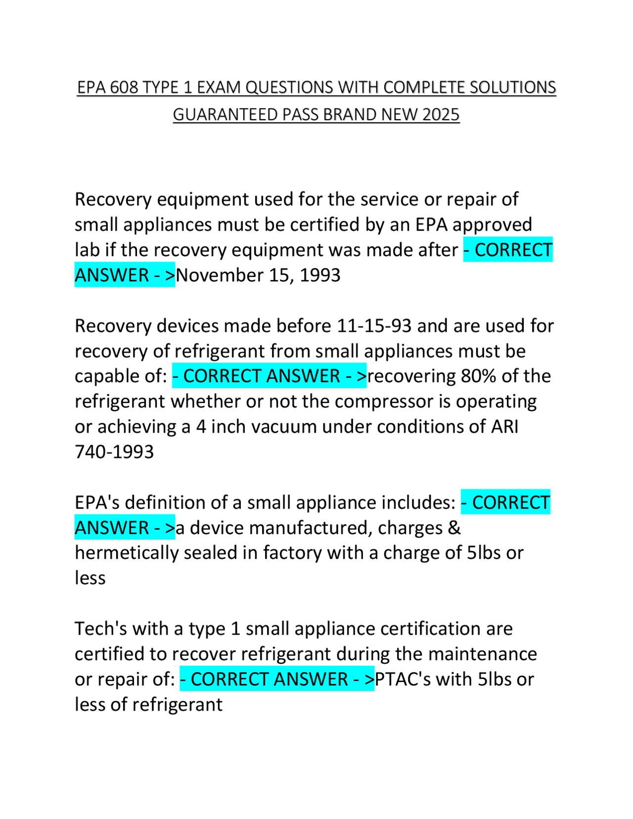 EPA 608 Type 1 Exam Questions and Answers: Small Appliance Refrigerant ...