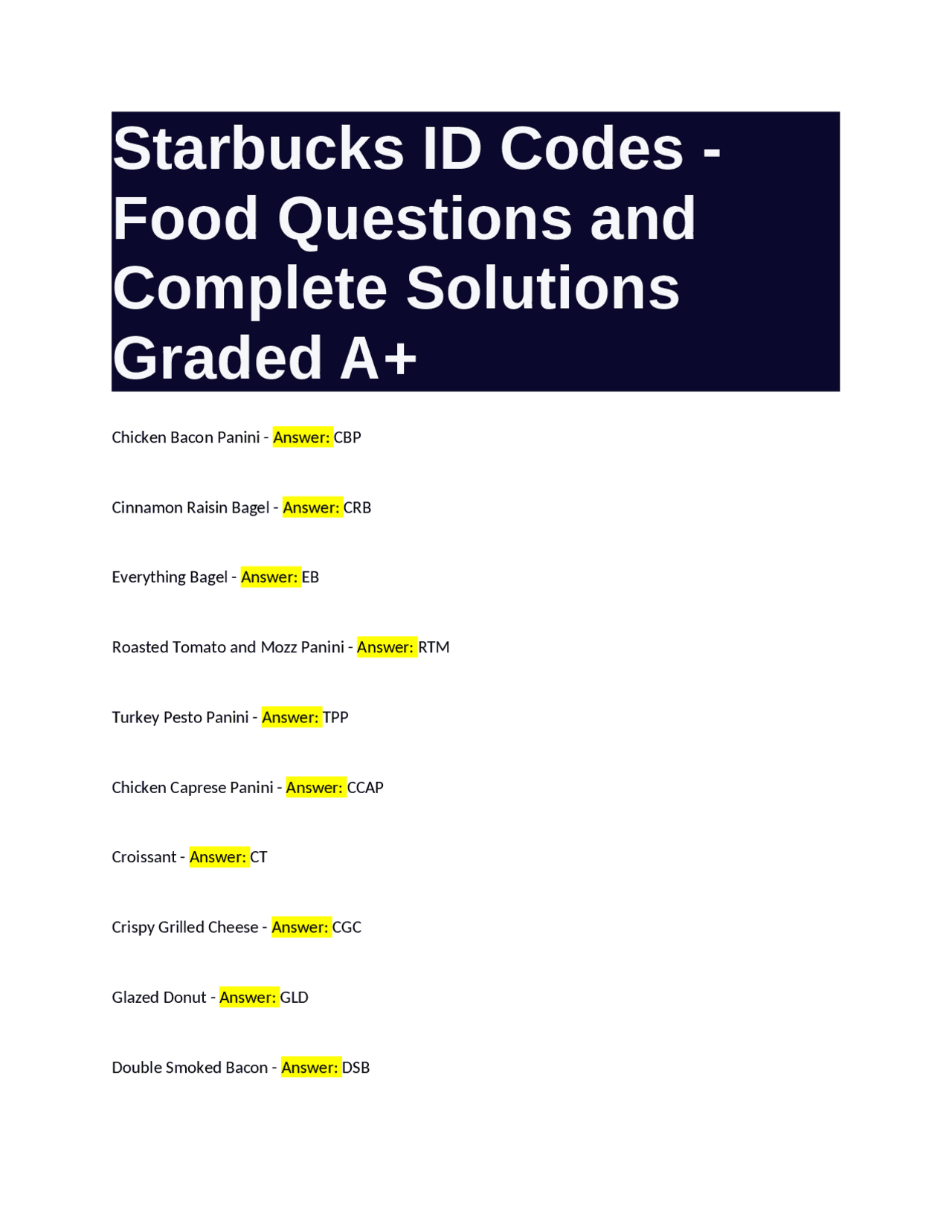 Starbucks ID Codes: Food Questions and Answers | Exams Nutrition | Docsity