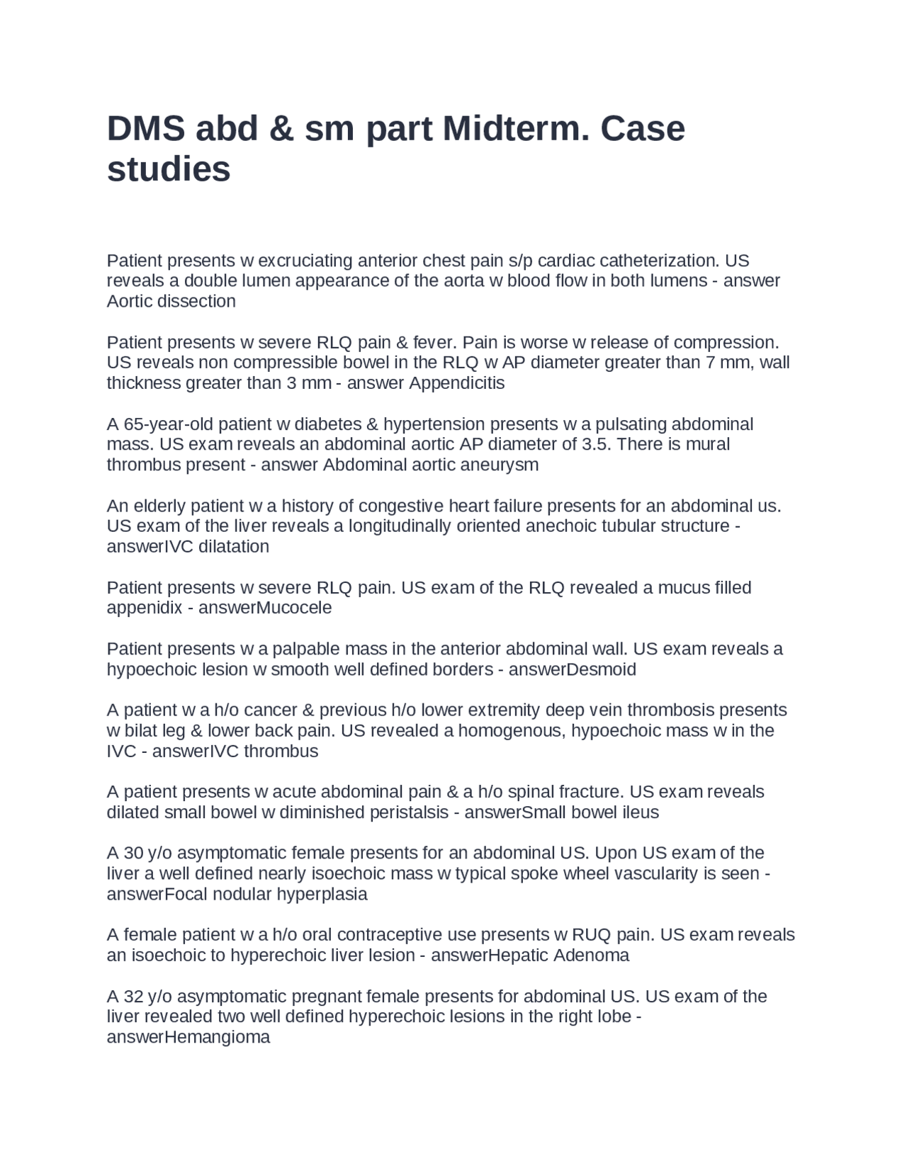 DMS abd & sm part Midterm: Case Studies in Abdominal Ultrasound | Exams ...