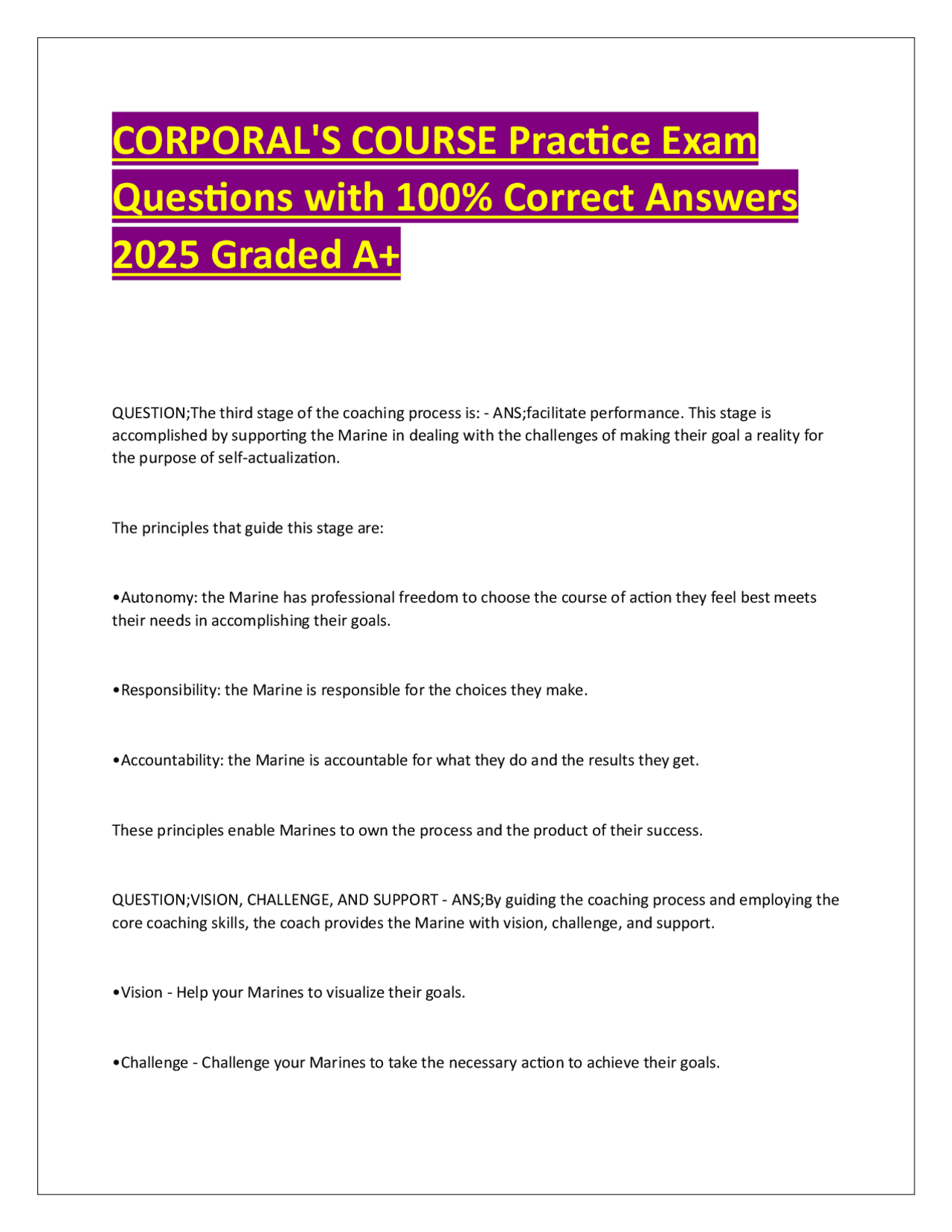CORPORAL'S COURSE Practice Exam Questions with 100% Correct Answers ...