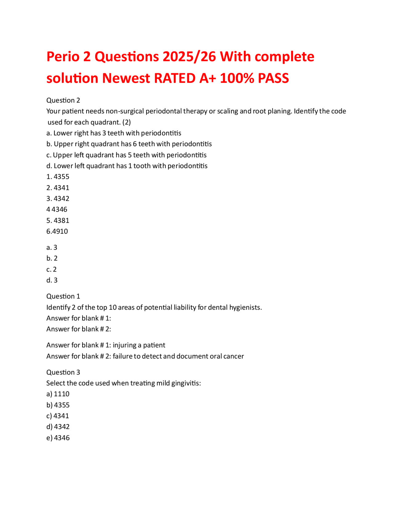 Perio 2 Questions 2025/26 With complete solution Newest RATED A+ 100% ...