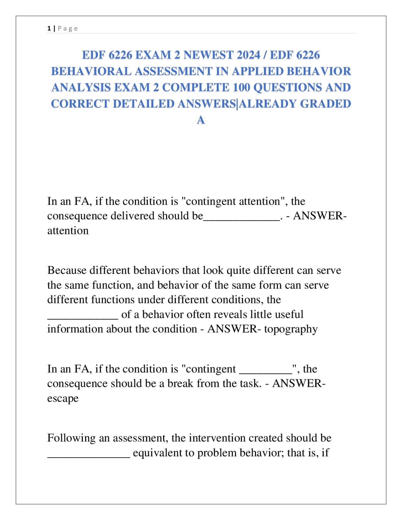 EDF 6226 EXAM 2 NEWEST 2024 / EDF 6226 BEHAVIORAL ASSESSMENT IN APPLIED ...