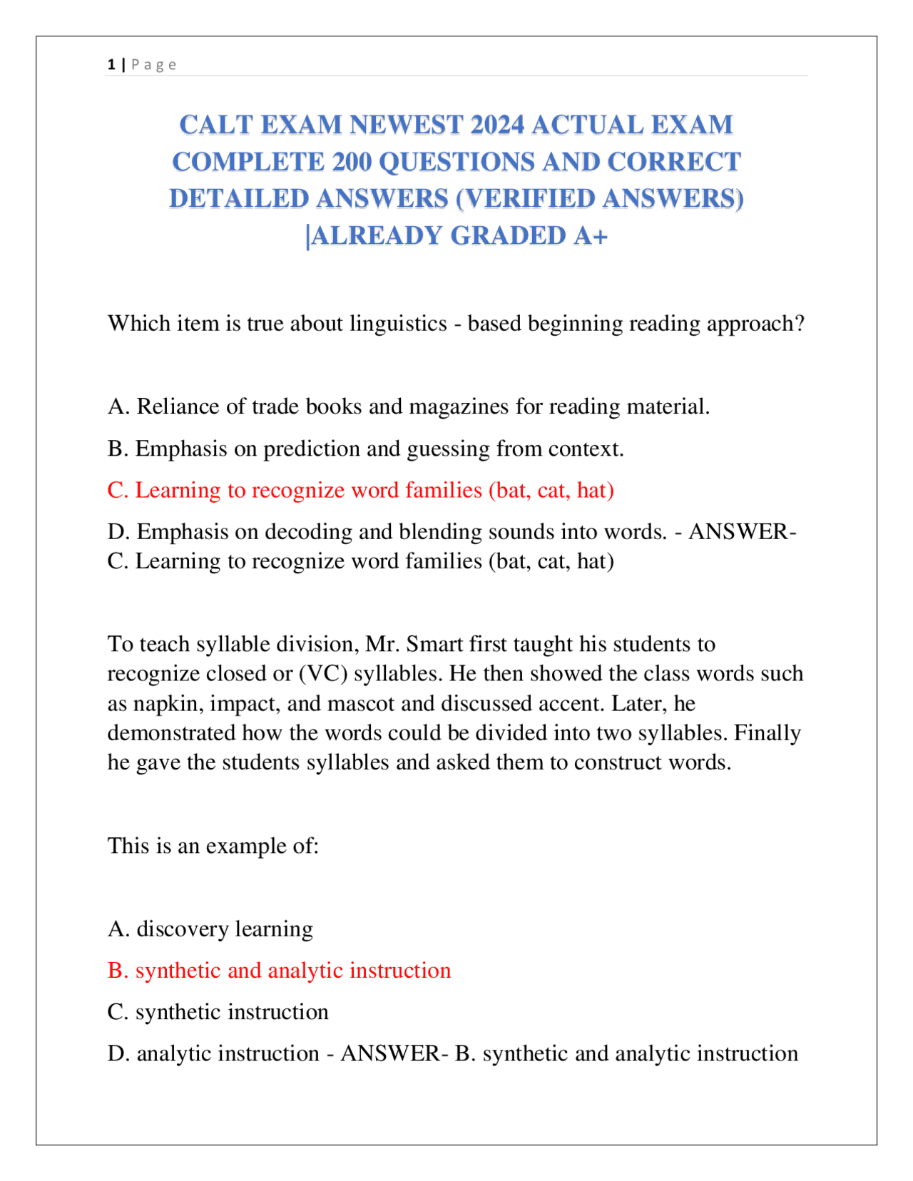 CALT EXAM NEWEST 2024 ACTUAL EXAM COMPLETE 200 QUESTIONS AND CORRECT ...