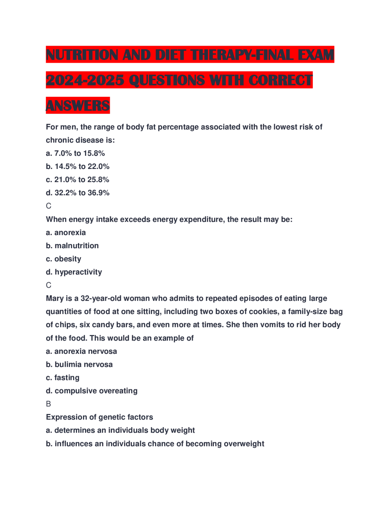 Nutrition and Diet Therapy Final Exam Questions and Answers | Exams ...