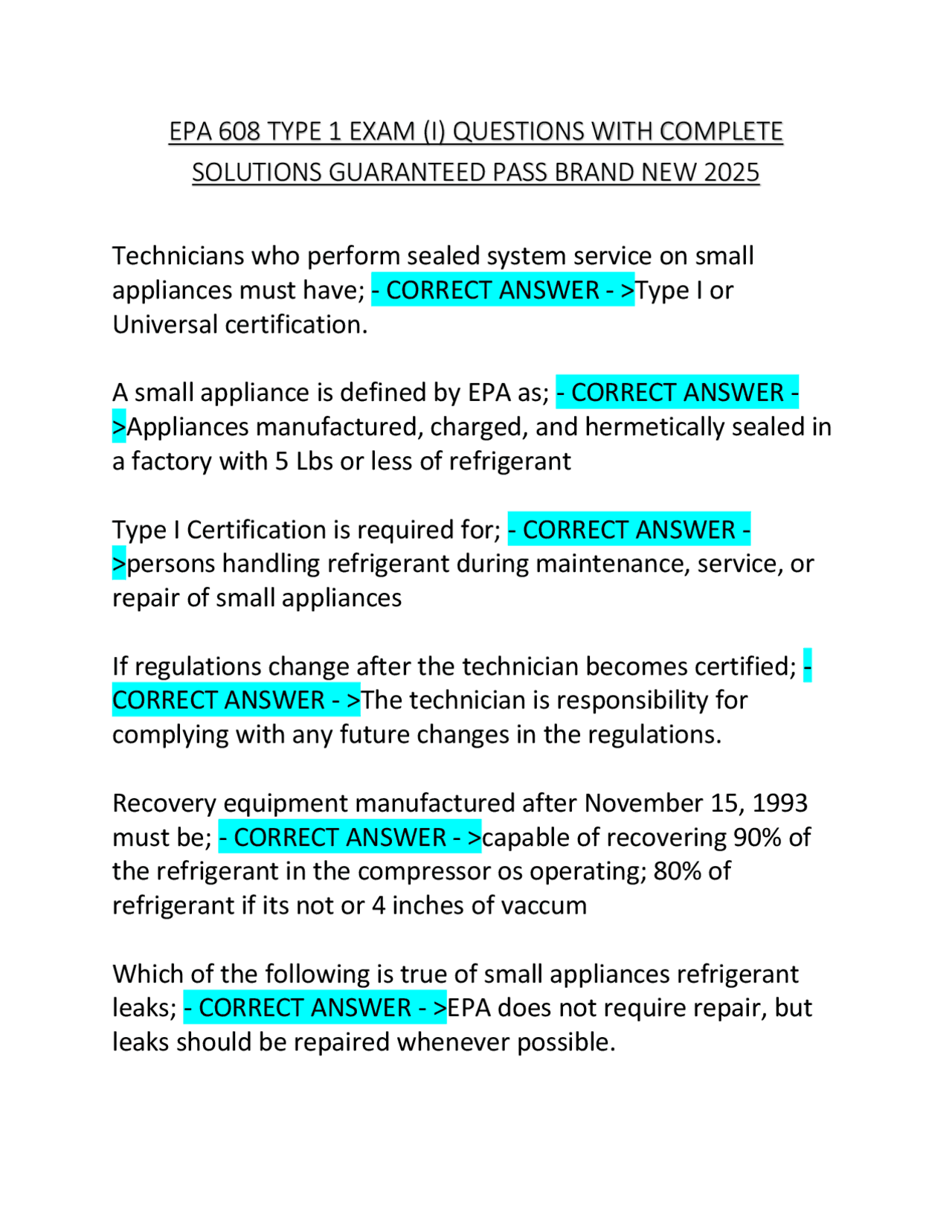 EPA 608 TYPE 1 EXAM (I) QUESTIONS WITH COMPLETE SOLUTIONS GUARANTEED ...