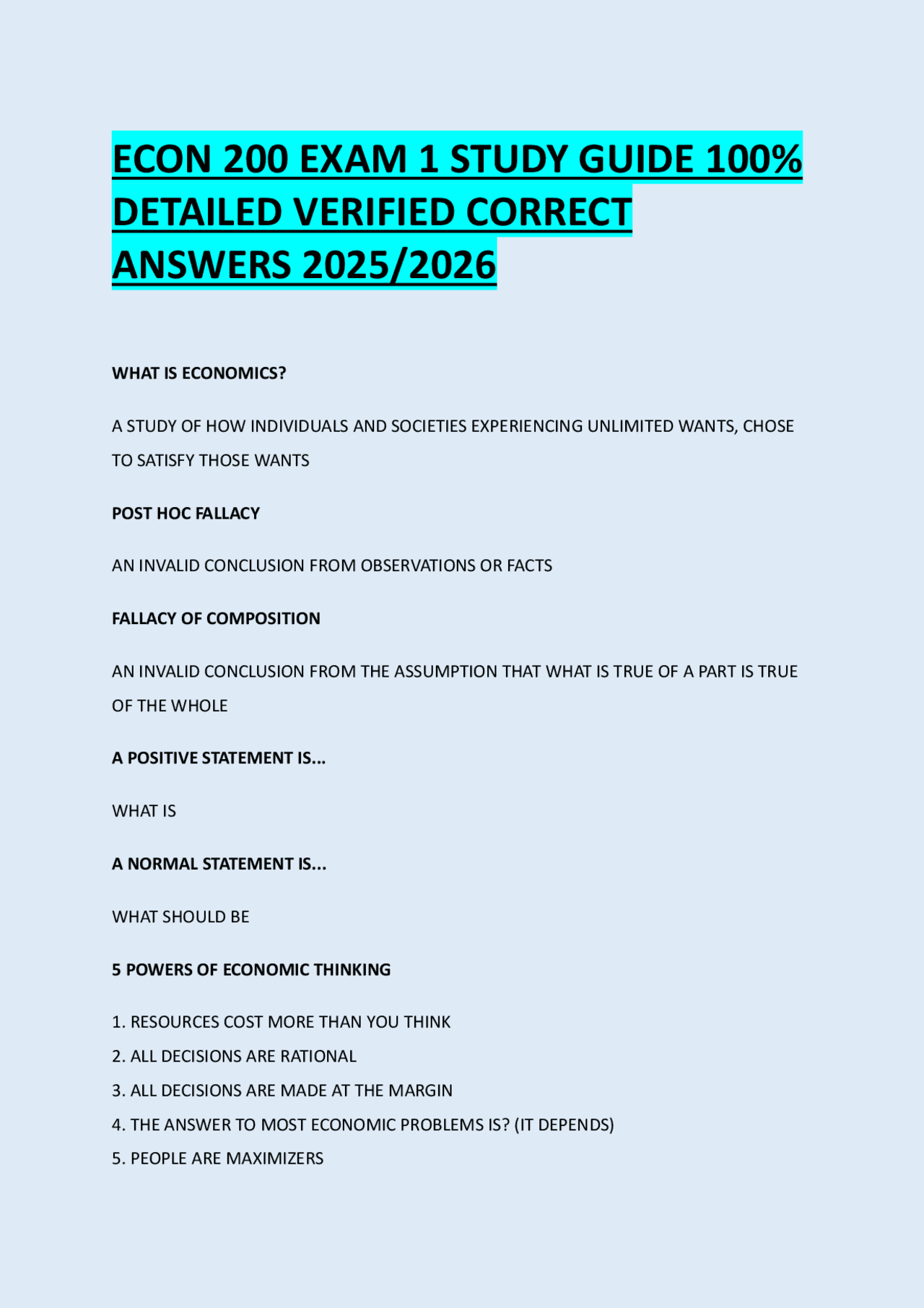 ECON 200 EXAM 1 STUDY GUIDE 100% DETAILED VERIFIED CORRECT ANSWERS 2025 ...