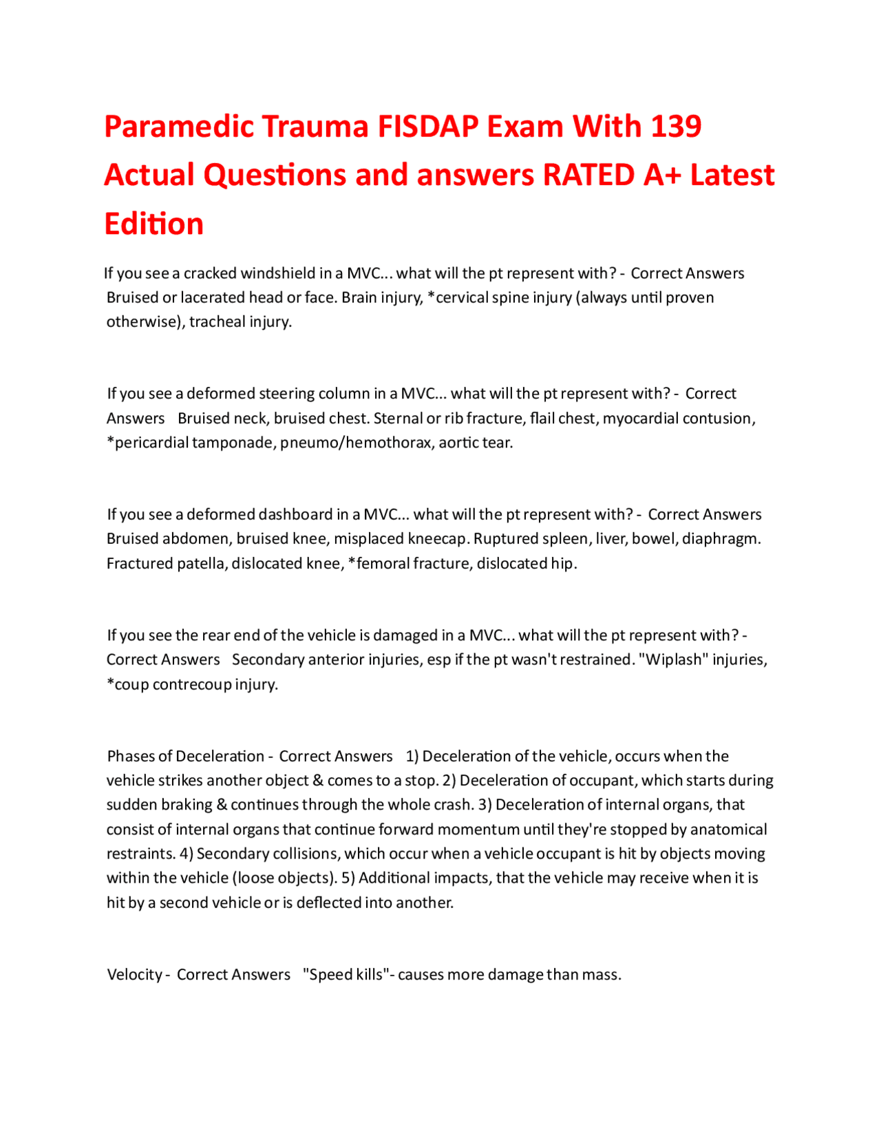 Paramedic Trauma FISDAP Exam With 139 Actual Questions and answers ...