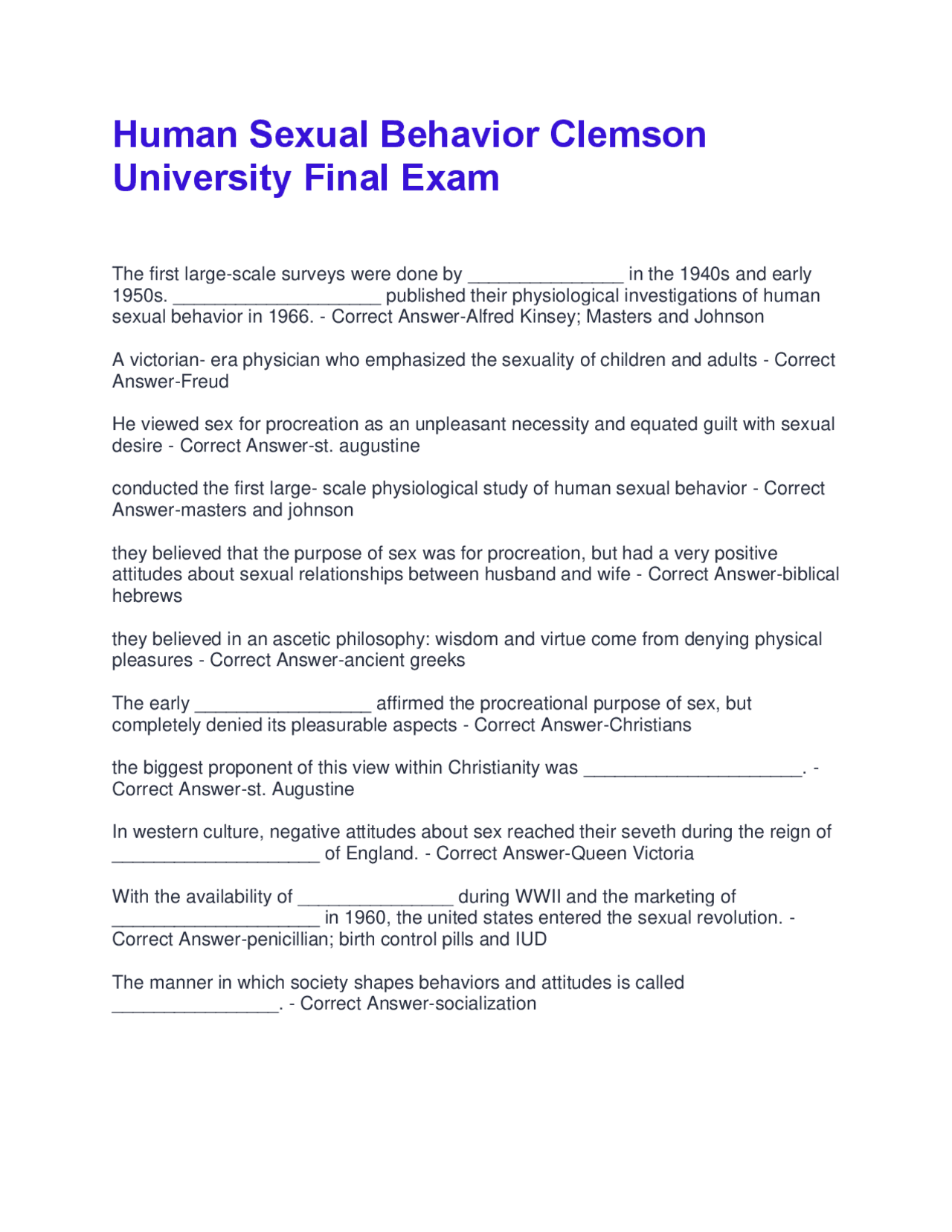 Human Sexual Behavior Clemson University Final Exam | Questions and ...
