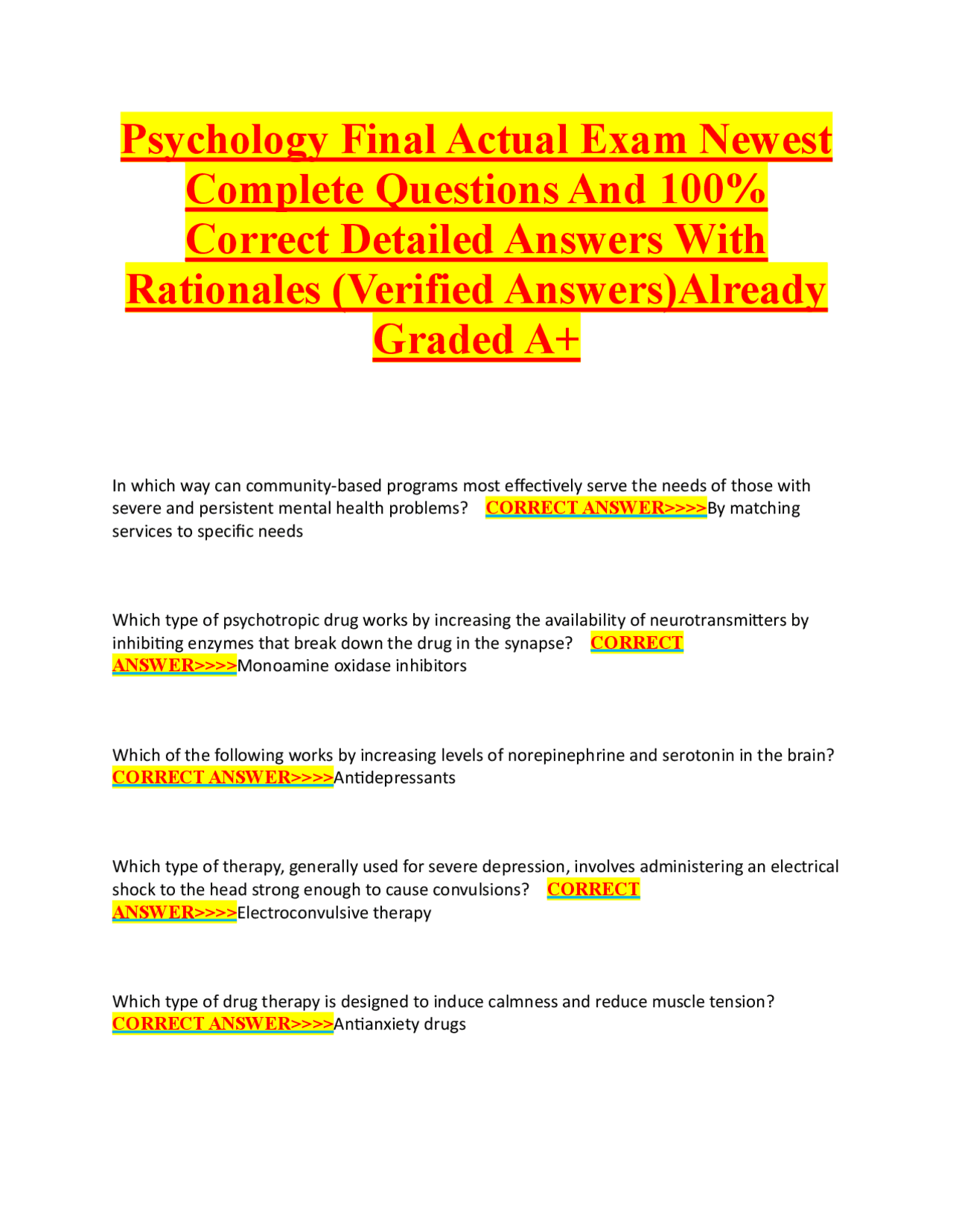 Psychology Final Actual Exam Newest Complete Questions And 100% Correct ...