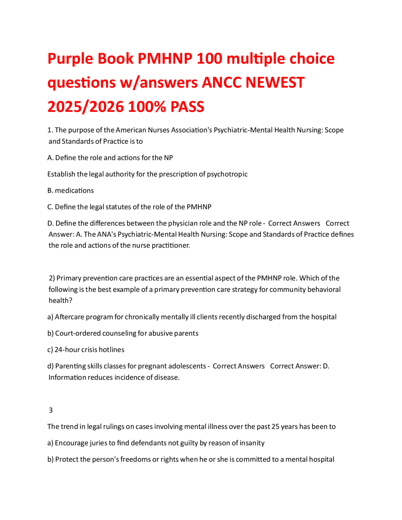 Purple Book PMHNP 100 multiple choice questions w/answers ANCC NEWEST ...