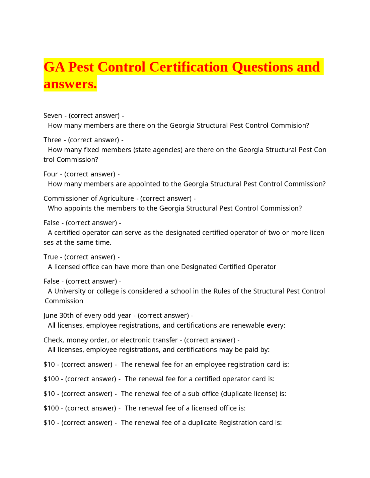 GA Pest Control Certification Questions and answers. | Exams Nursing ...