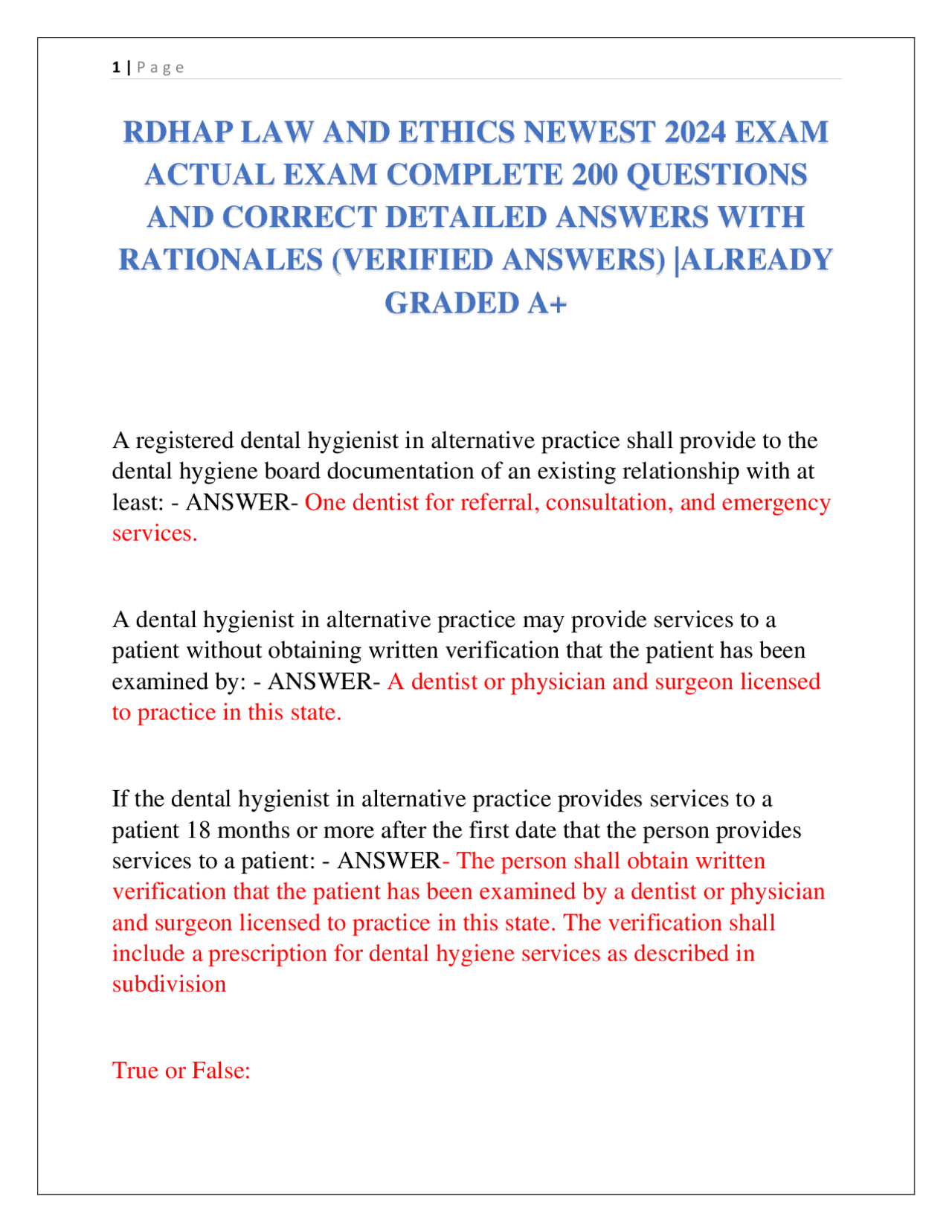 RDHAP Law and Ethics Exam: 200 Questions and Answers with Rationales ...