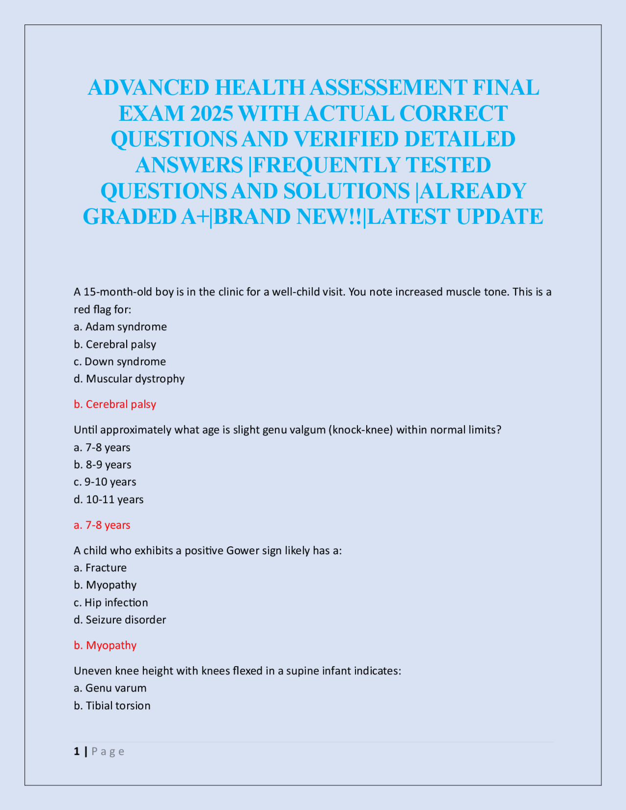Advanced Health Assessment Final Exam 2025: Questions and Answers ...