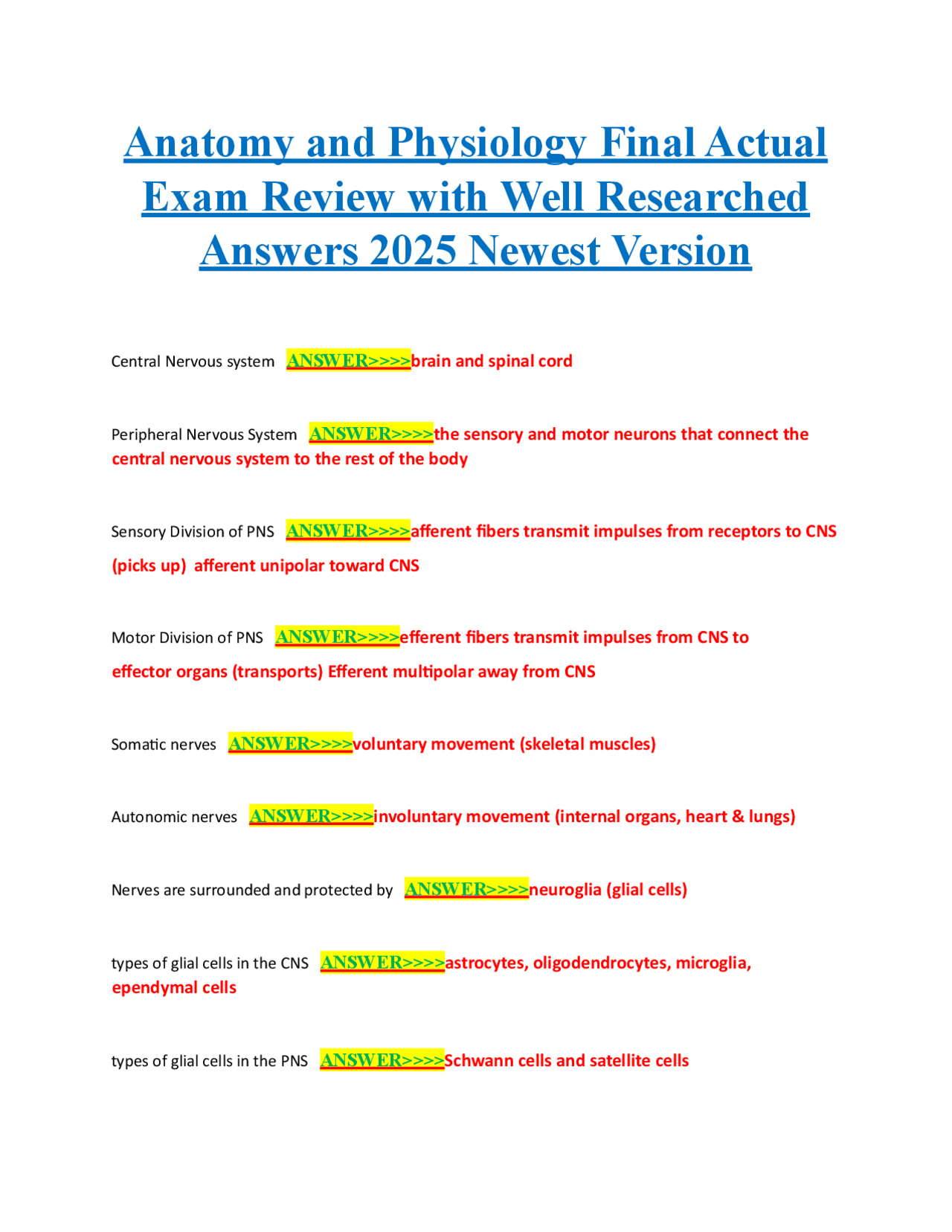 Anatomy and Physiology Final Actual Exam Review with Well Researched ...