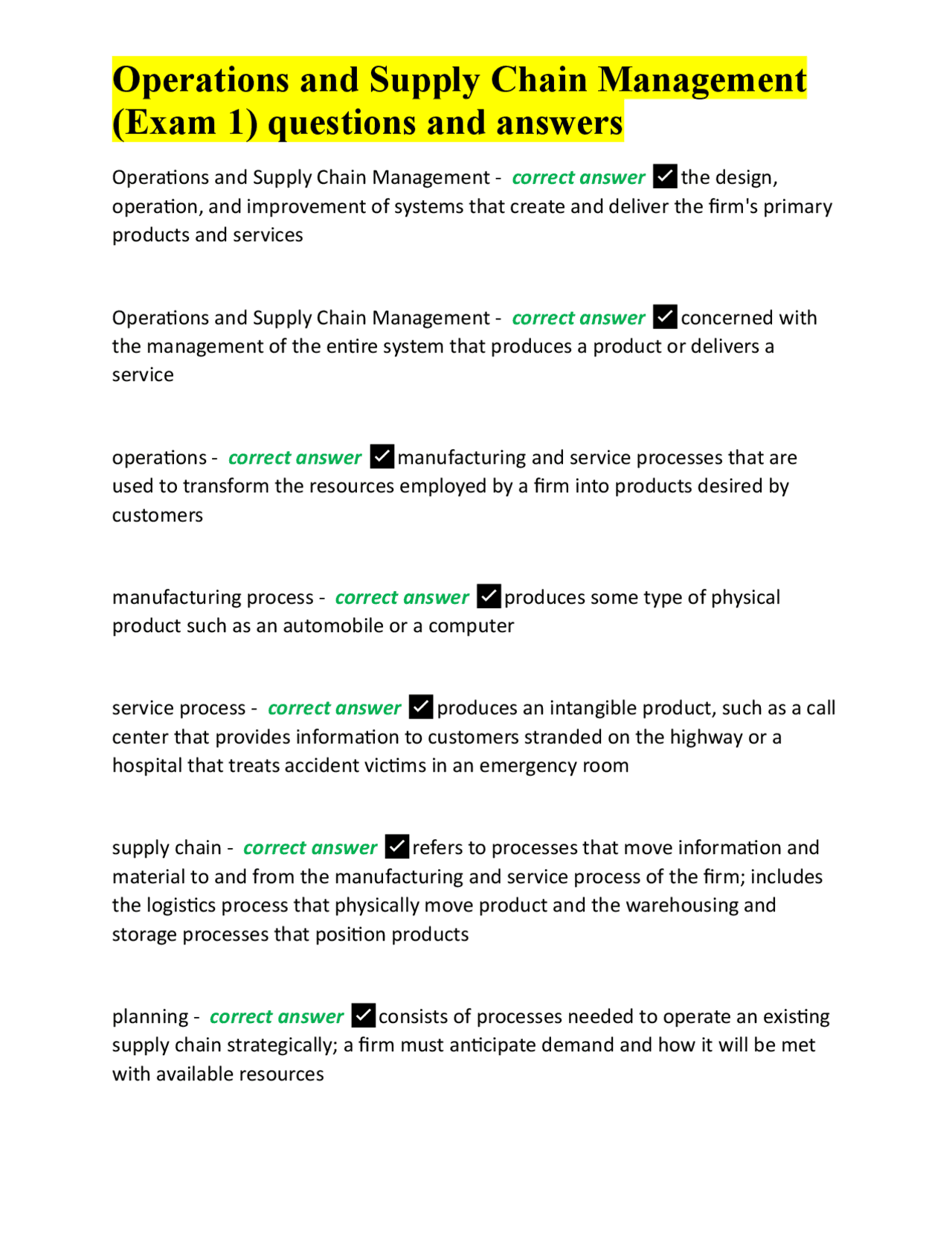 Operations and Supply Chain Management Exam 1: Questions and Answers ...
