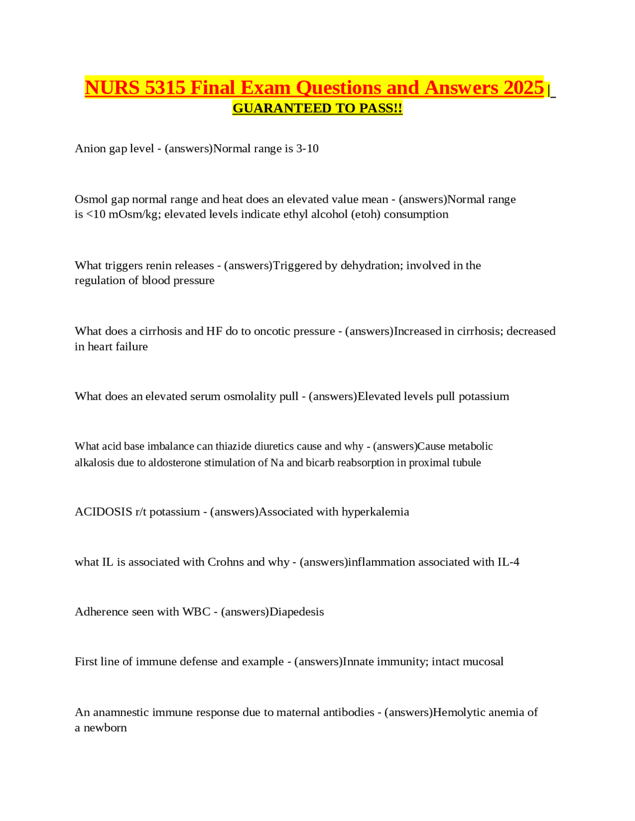 NURS 5315 Final Exam Questions and Answers 2025 | Exams Nursing | Docsity