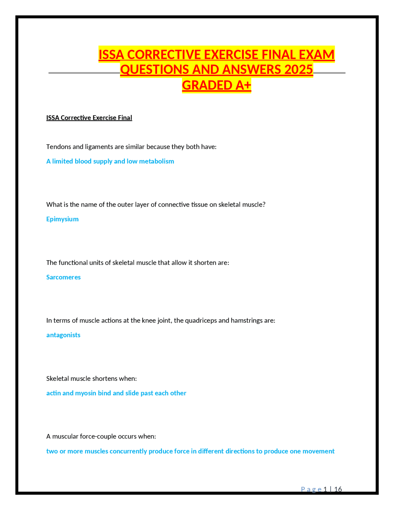ISSA CORRECTIVE EXERCISE FINAL EXAM QUESTIONS AND ANSWERS 2025 | Exams ...