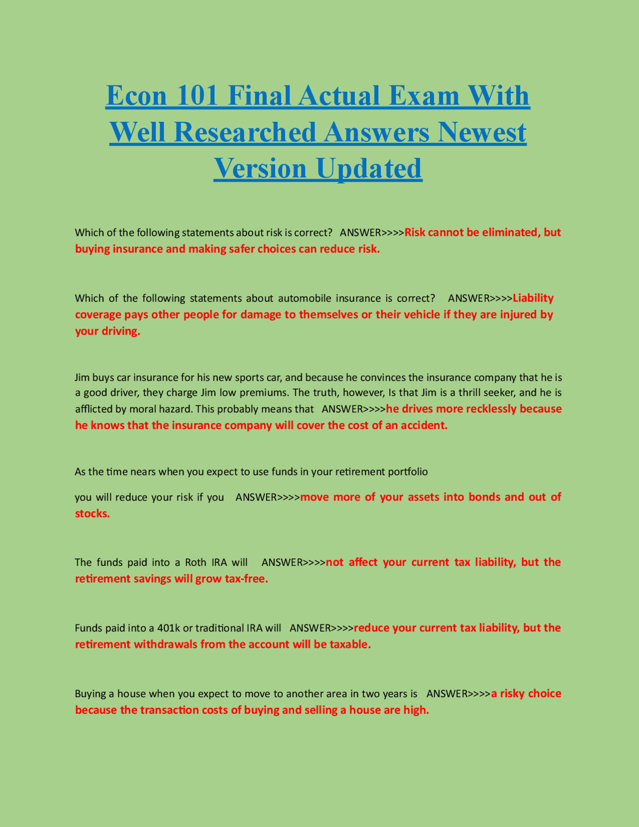 Econ 101 Final Actual Exam With Well Researched Answers Newest Version ...
