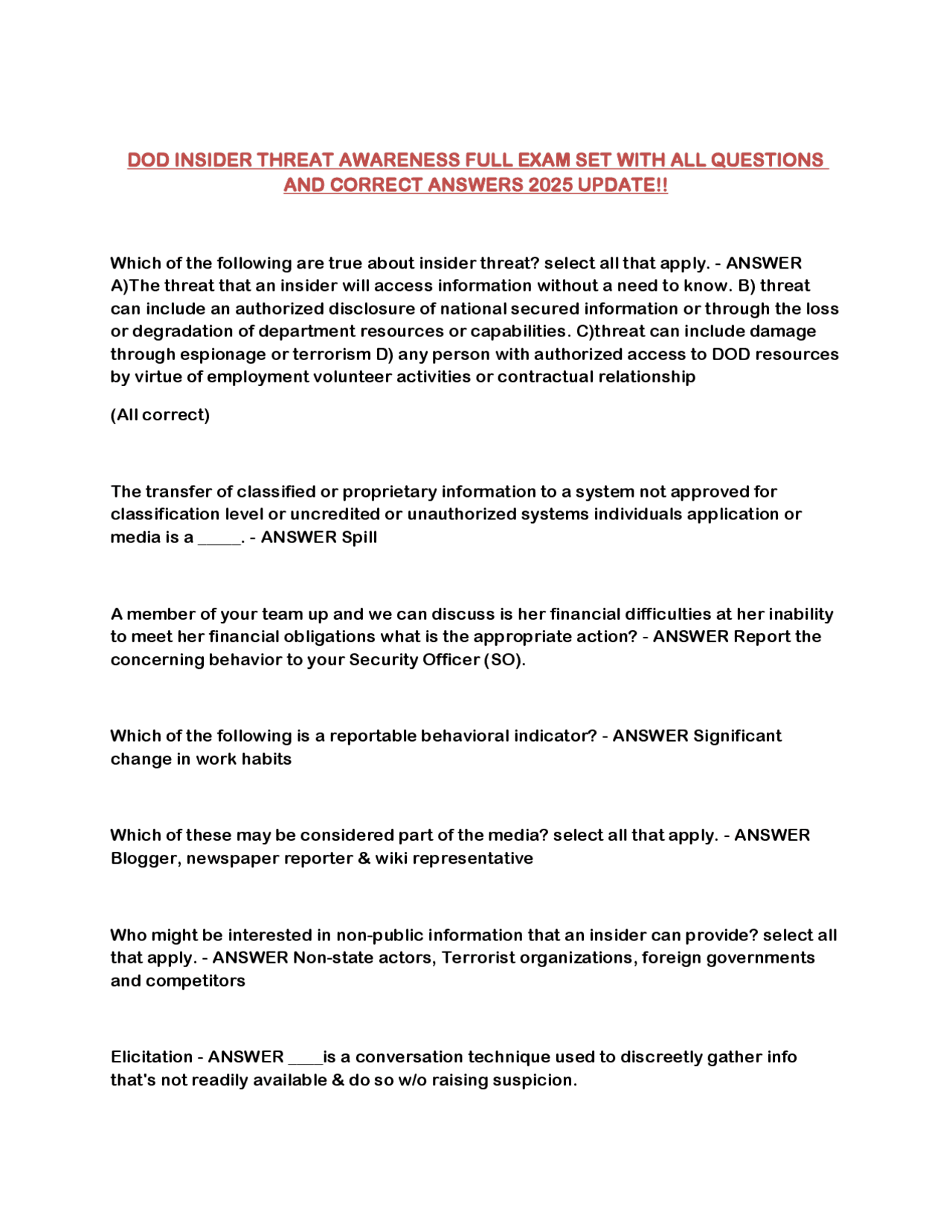 DOD INSIDER THREAT AWARENESS FULL EXAM SET WITH ALL QUESTIONS AND ...