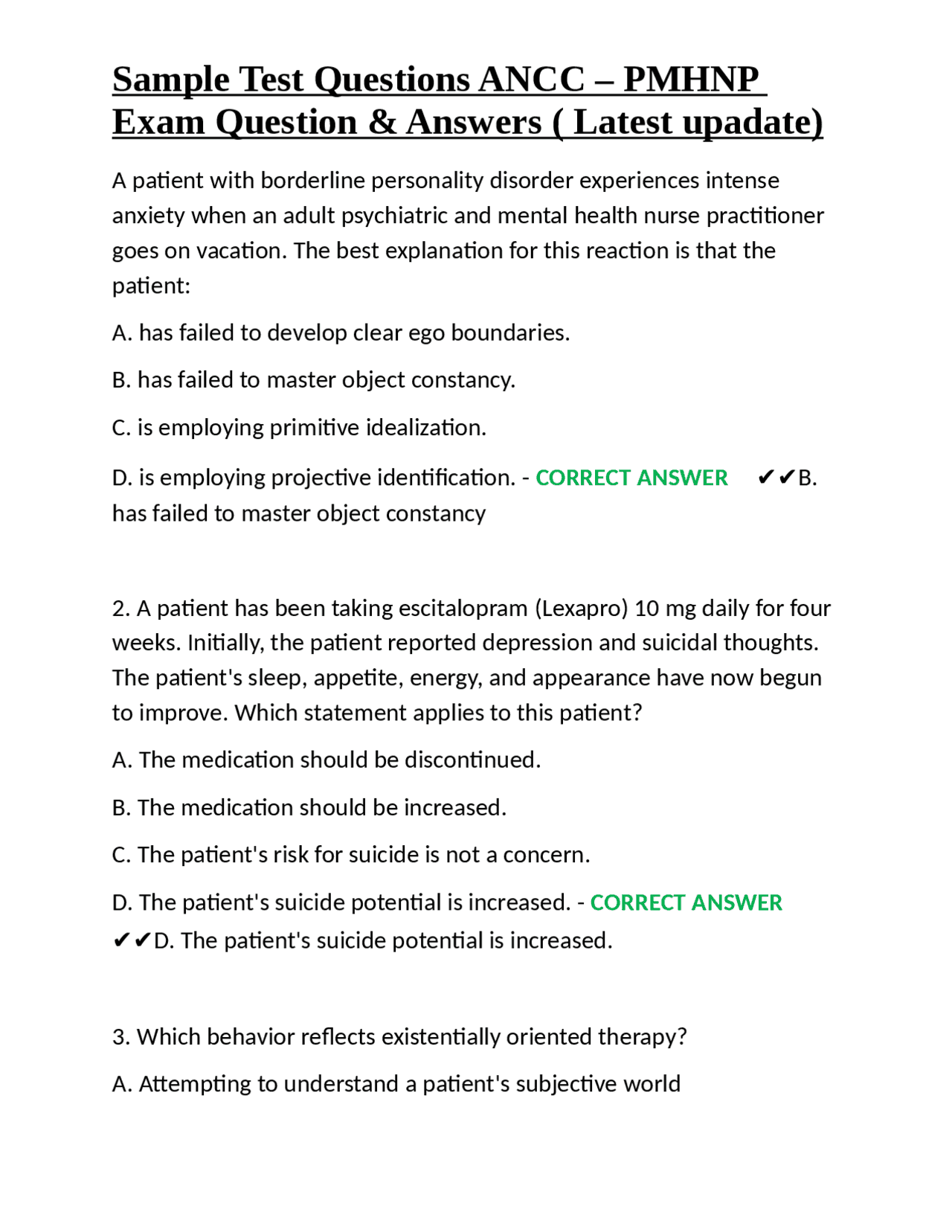 ANCC PMHNP Exam Practice Questions and Answers | Exams Nursing | Docsity