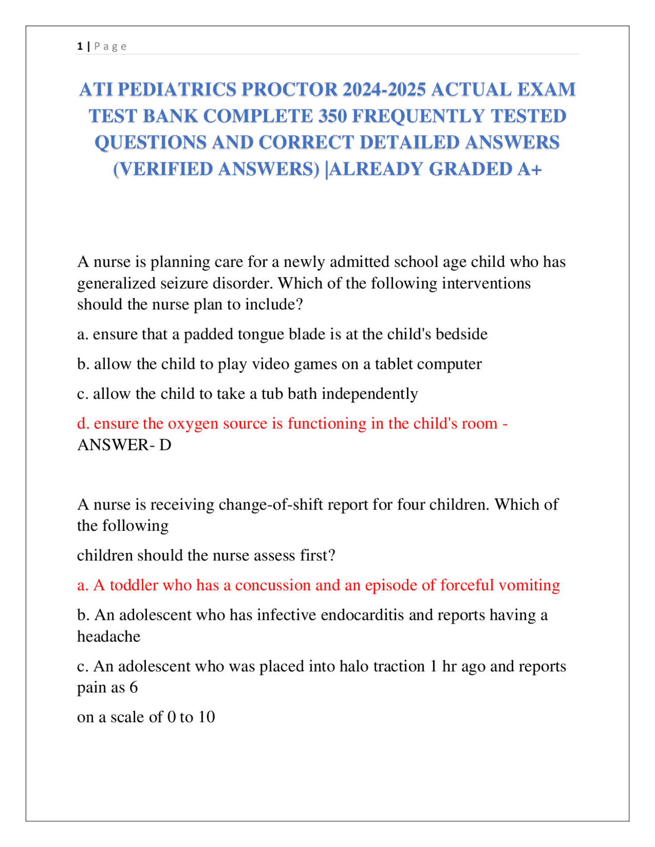 ATI PEDIATRICS PROCTOR 2024-2025 ACTUAL EXAM TEST BANK COMPLETE 350 ...