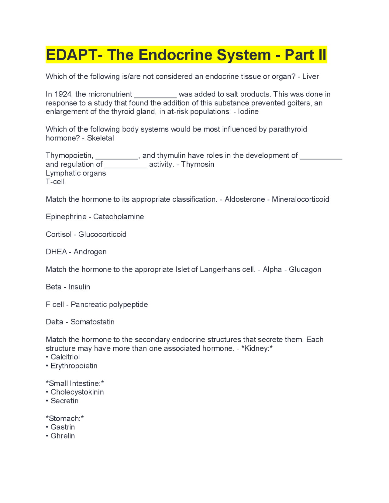 EDAPT - The Endocrine System - Part II: Exercises and Questions ...