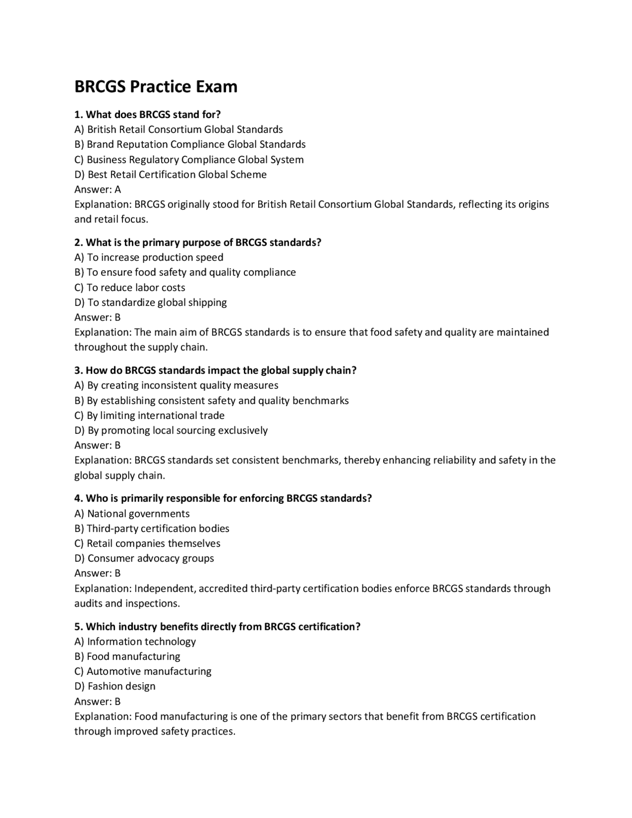 BRCGS Practice Exam.. | Exams Technology | Docsity