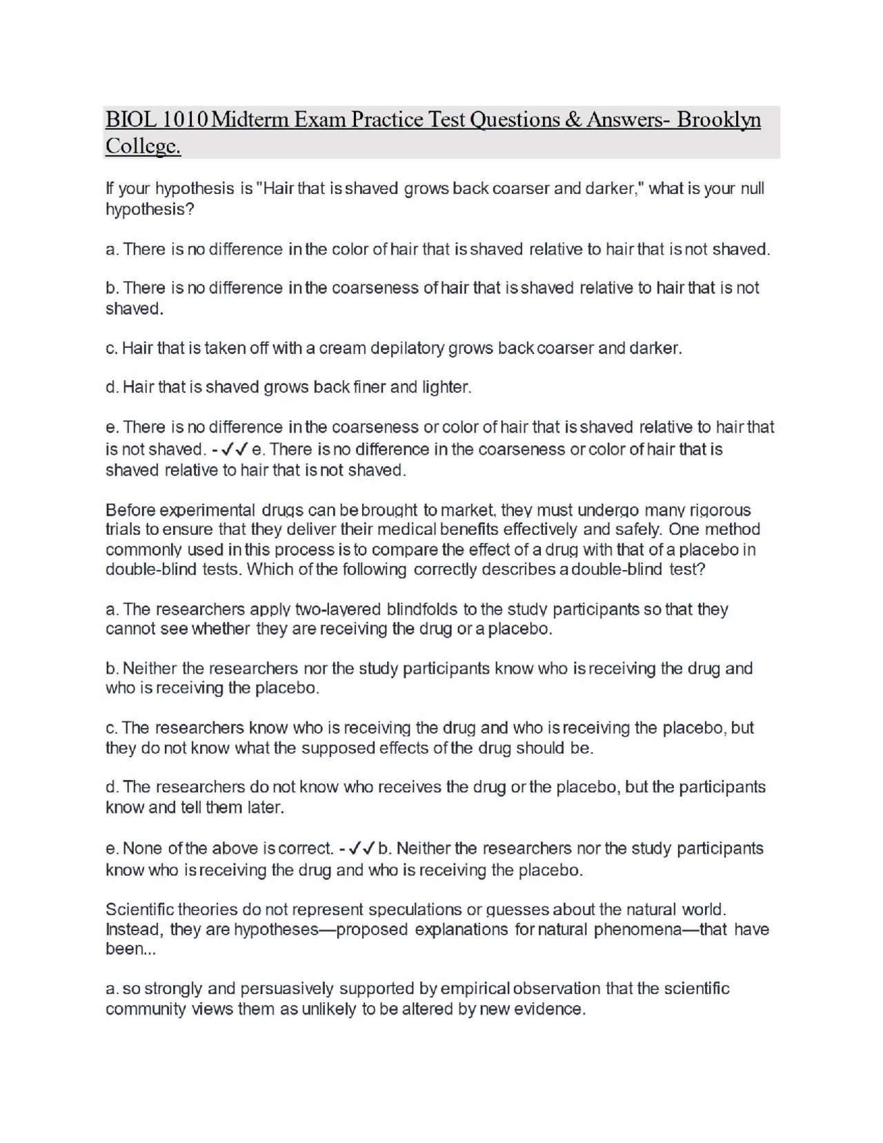 BIOL 1010 Midterm Exam Practice Test Questions & Answers- Brooklyn ...